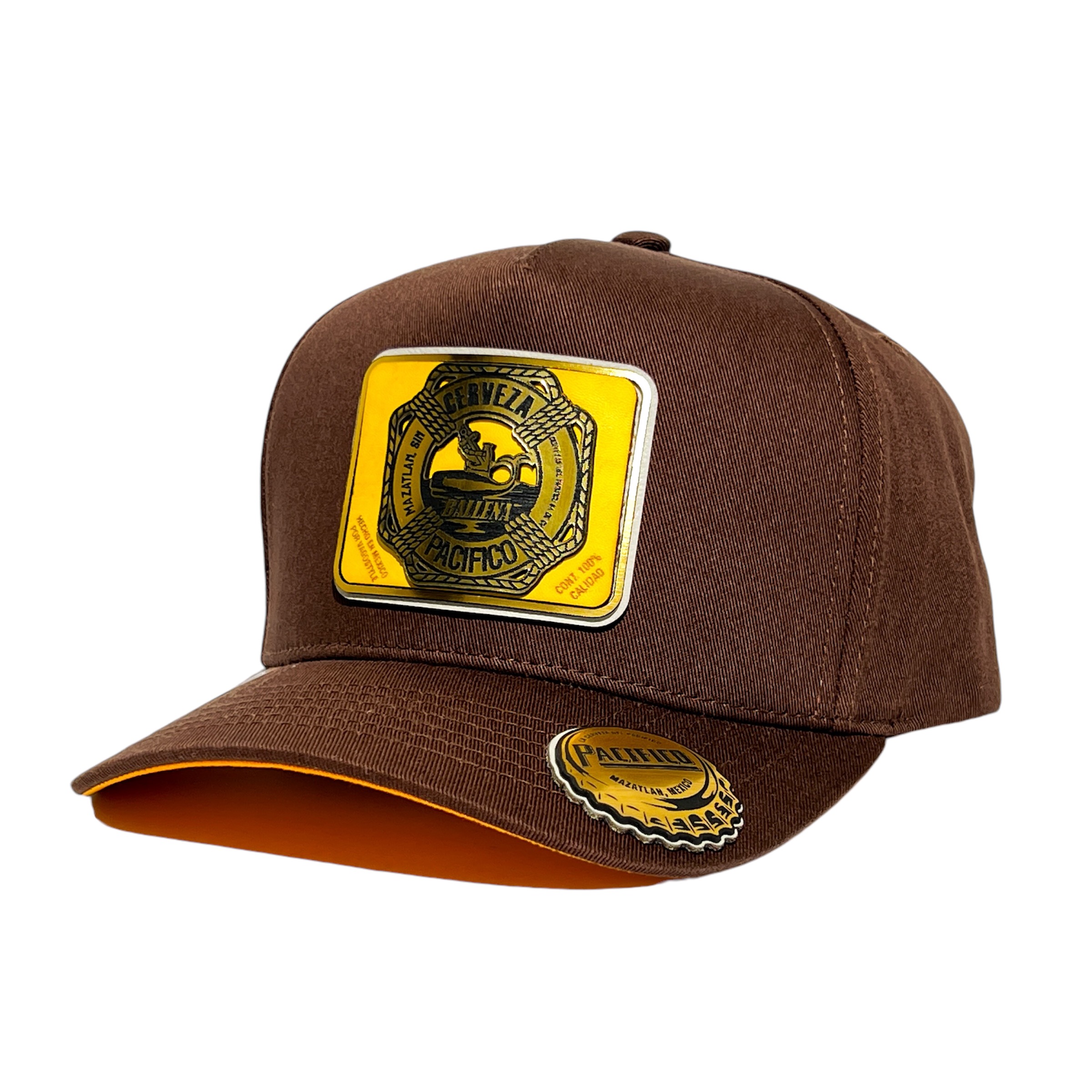 VAGO Style BALLENITA Gorra Unica Artesanal Café Ajustable con Visera Curva con Amarillo Bajo Visera
