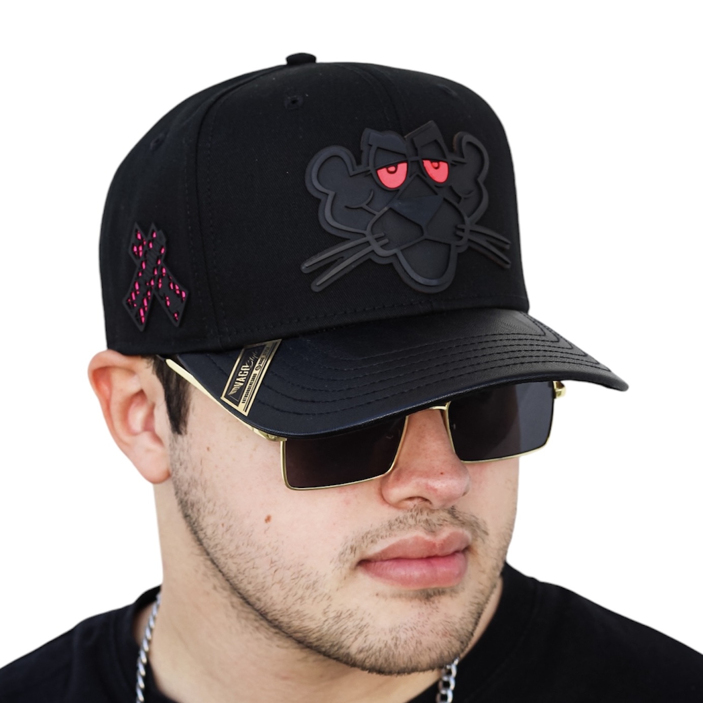 VAGO Style LA PANTERA Gorra Unica Artesanal Negra Ajustable con Visera Curva Negra Imitación Piel