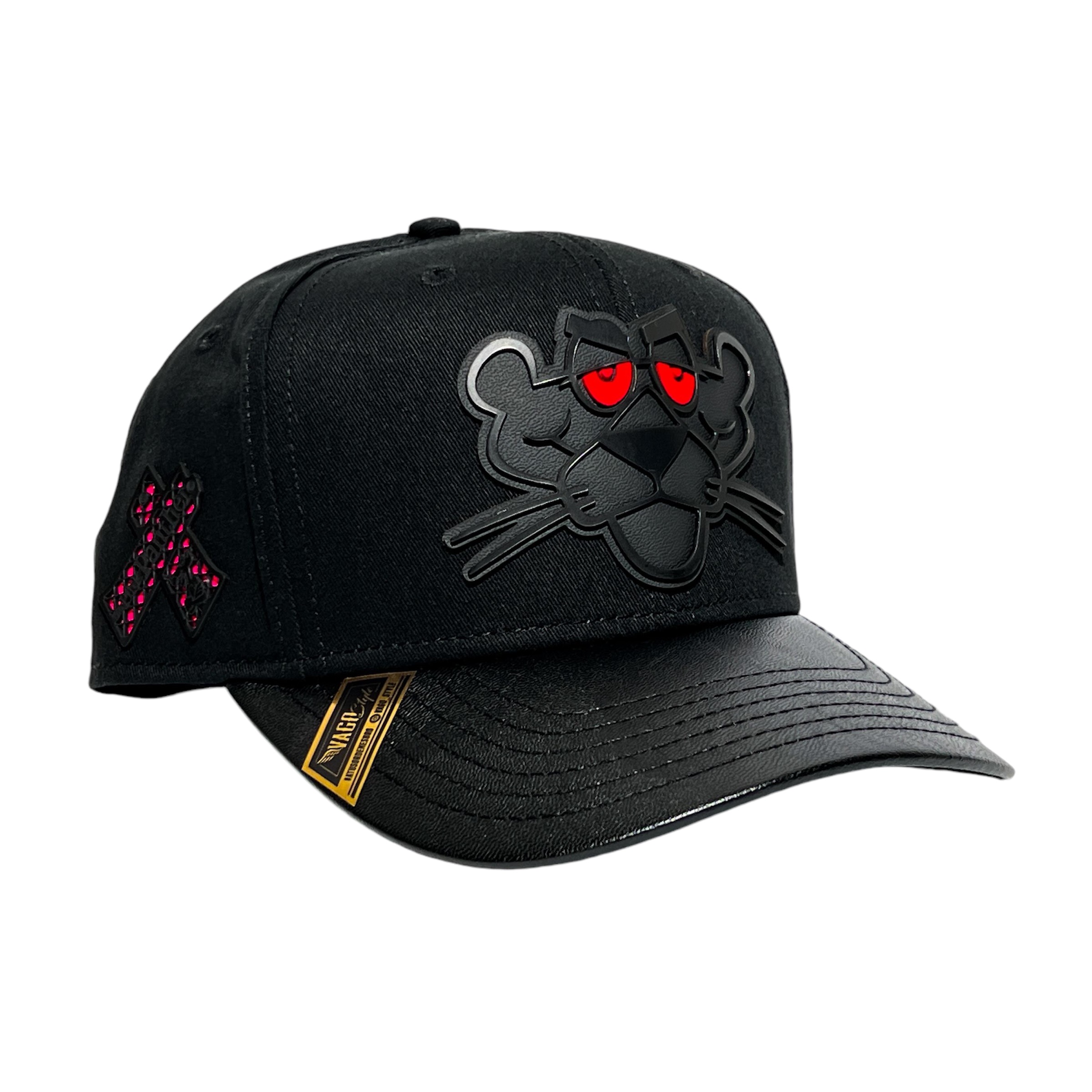 VAGO Style LA PANTERA Gorra Unica Artesanal Negra Ajustable con Visera Curva Negra Imitación Piel