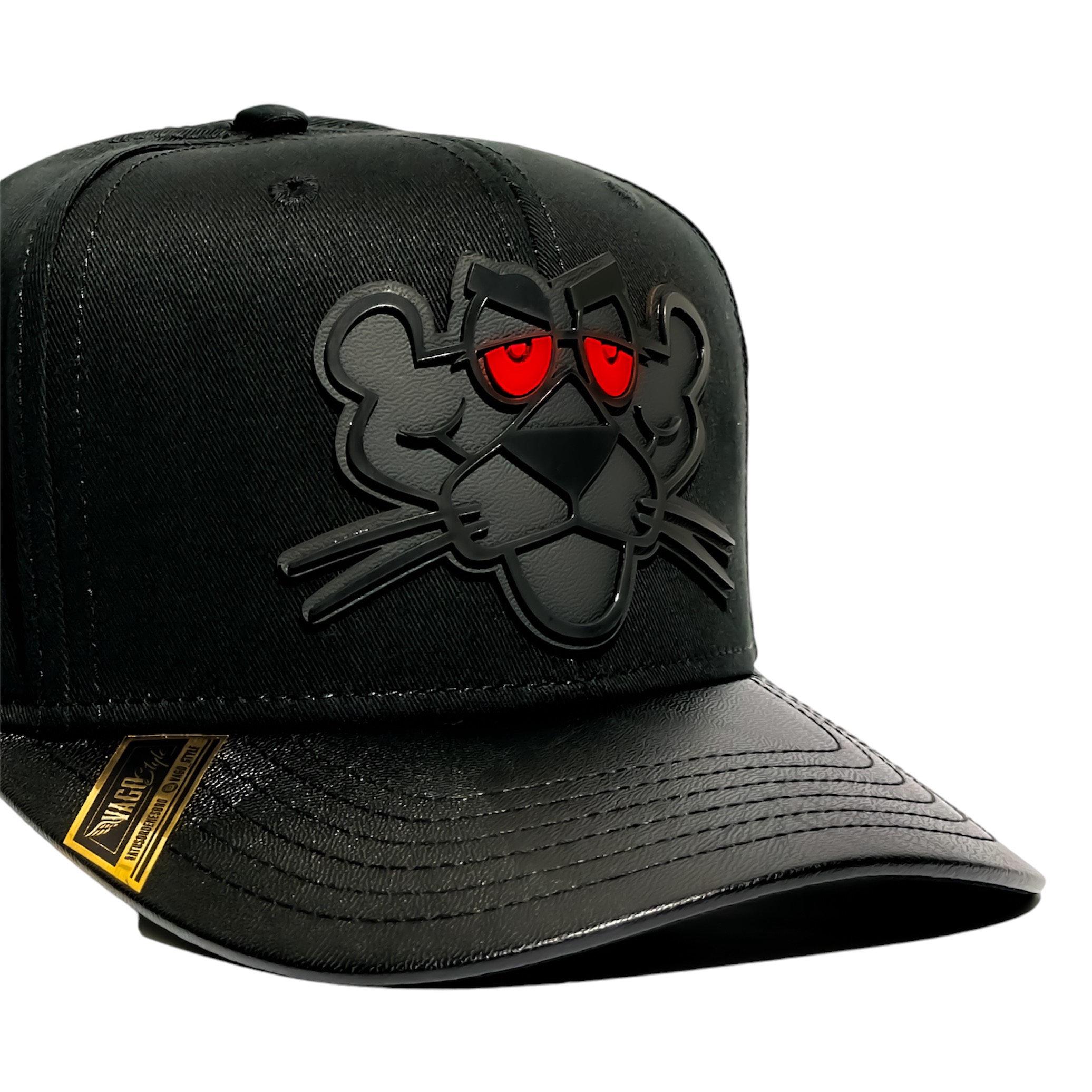 VAGO Style LA PANTERA Gorra Unica Artesanal Negra Ajustable con Visera Curva Negra Imitación Piel