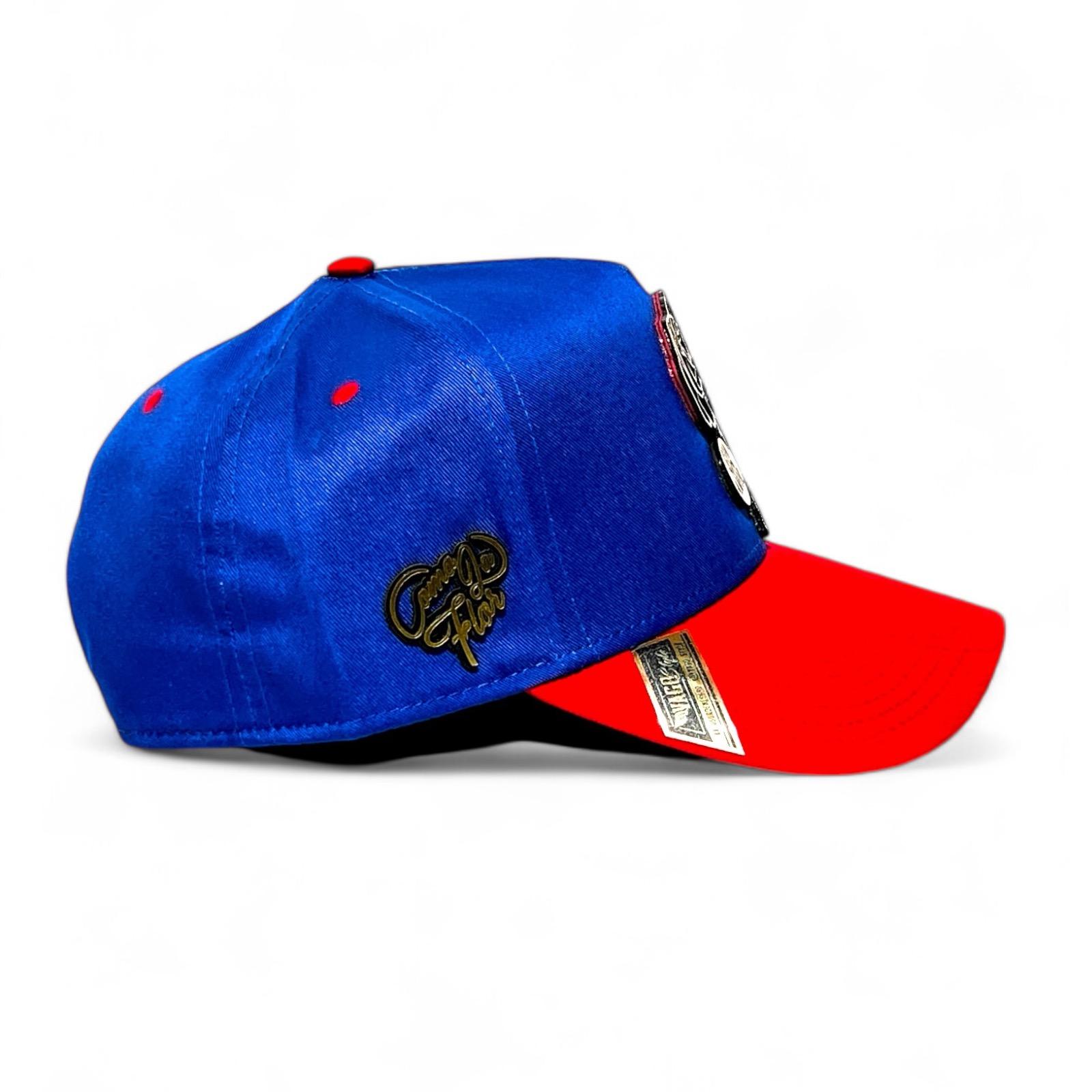 VAGO Style COMO LA FLOR Gold Gorra Unica Artesanal Azul Rey Ajustable con Visera Curva Roja