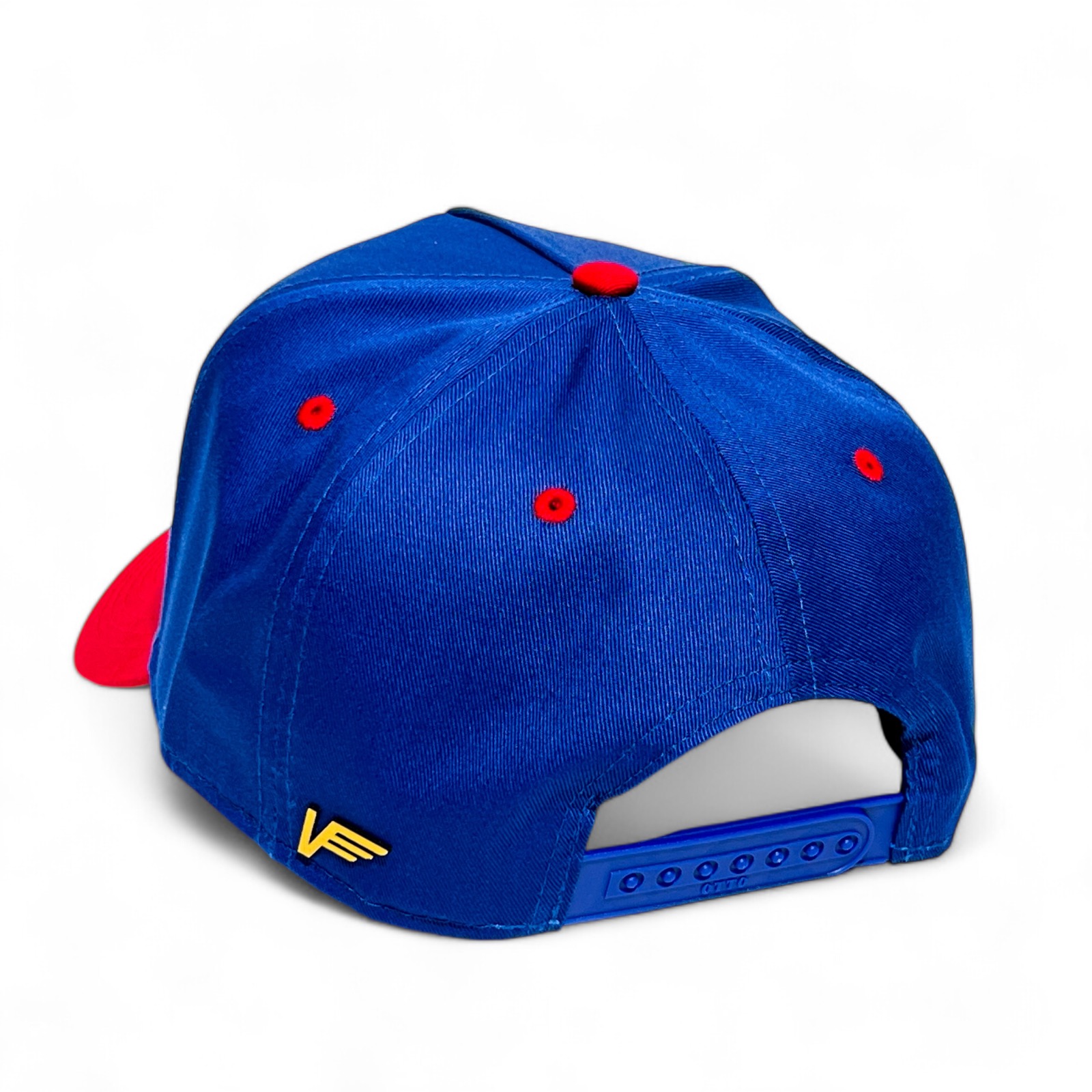 VAGO Style COMO LA FLOR Gold Gorra Unica Artesanal Azul Rey Ajustable con Visera Curva Roja