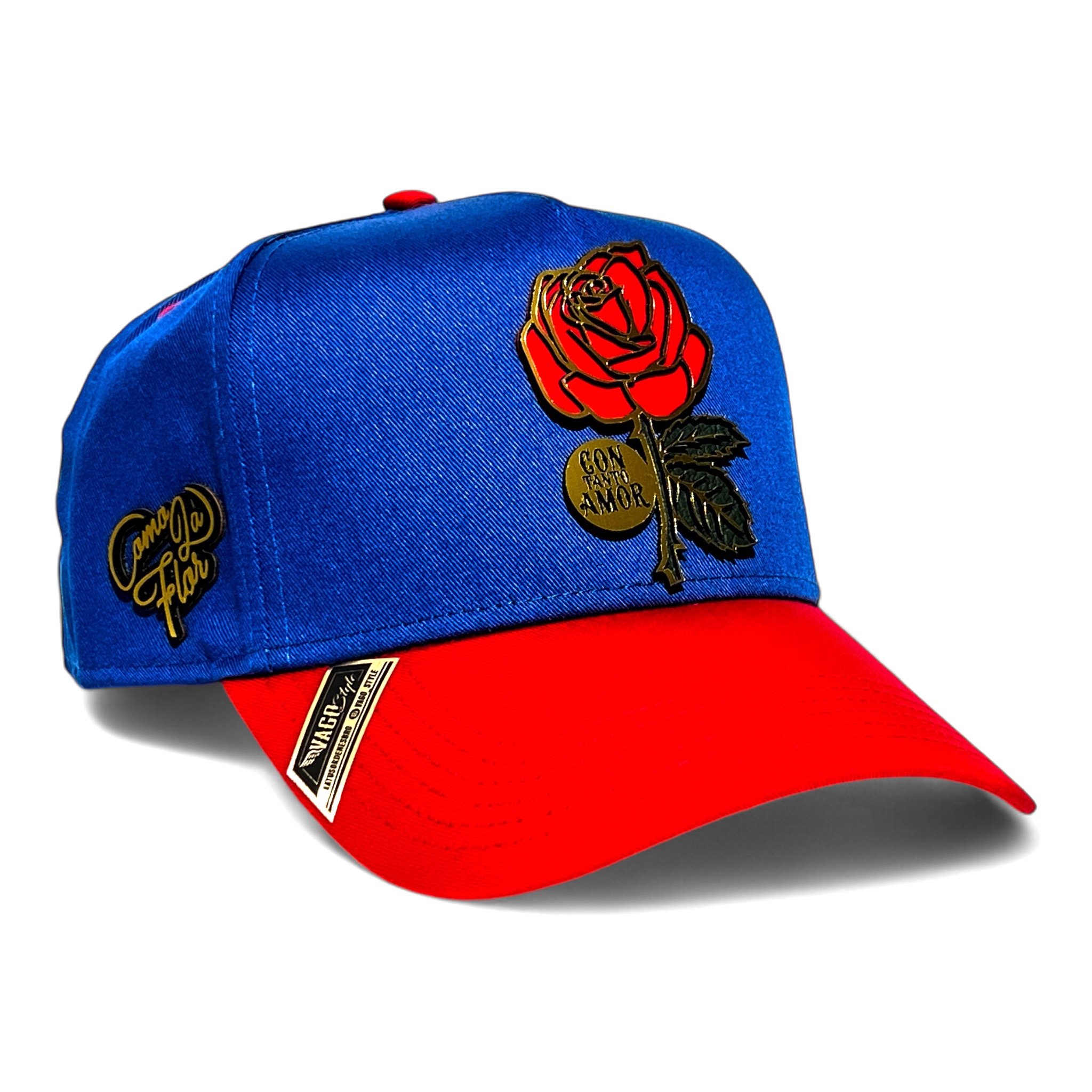 VAGO Style COMO LA FLOR Gold Gorra Unica Artesanal Azul Rey Ajustable con Visera Curva Roja
