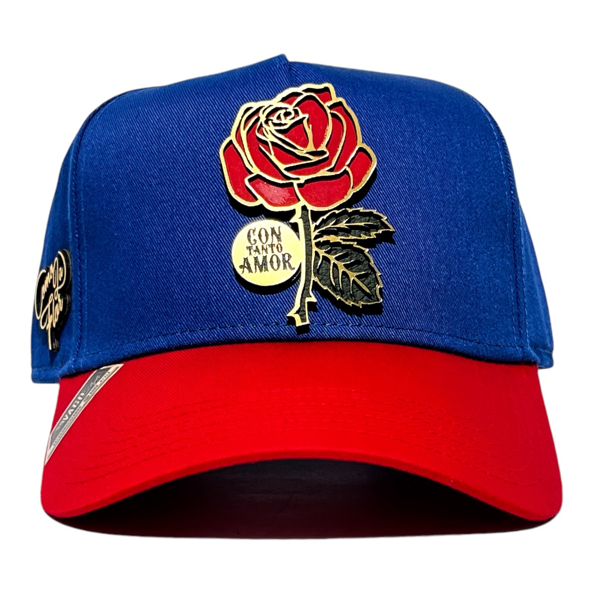 VAGO Style COMO LA FLOR Gold Gorra Unica Artesanal Azul Rey Ajustable con Visera Curva Roja