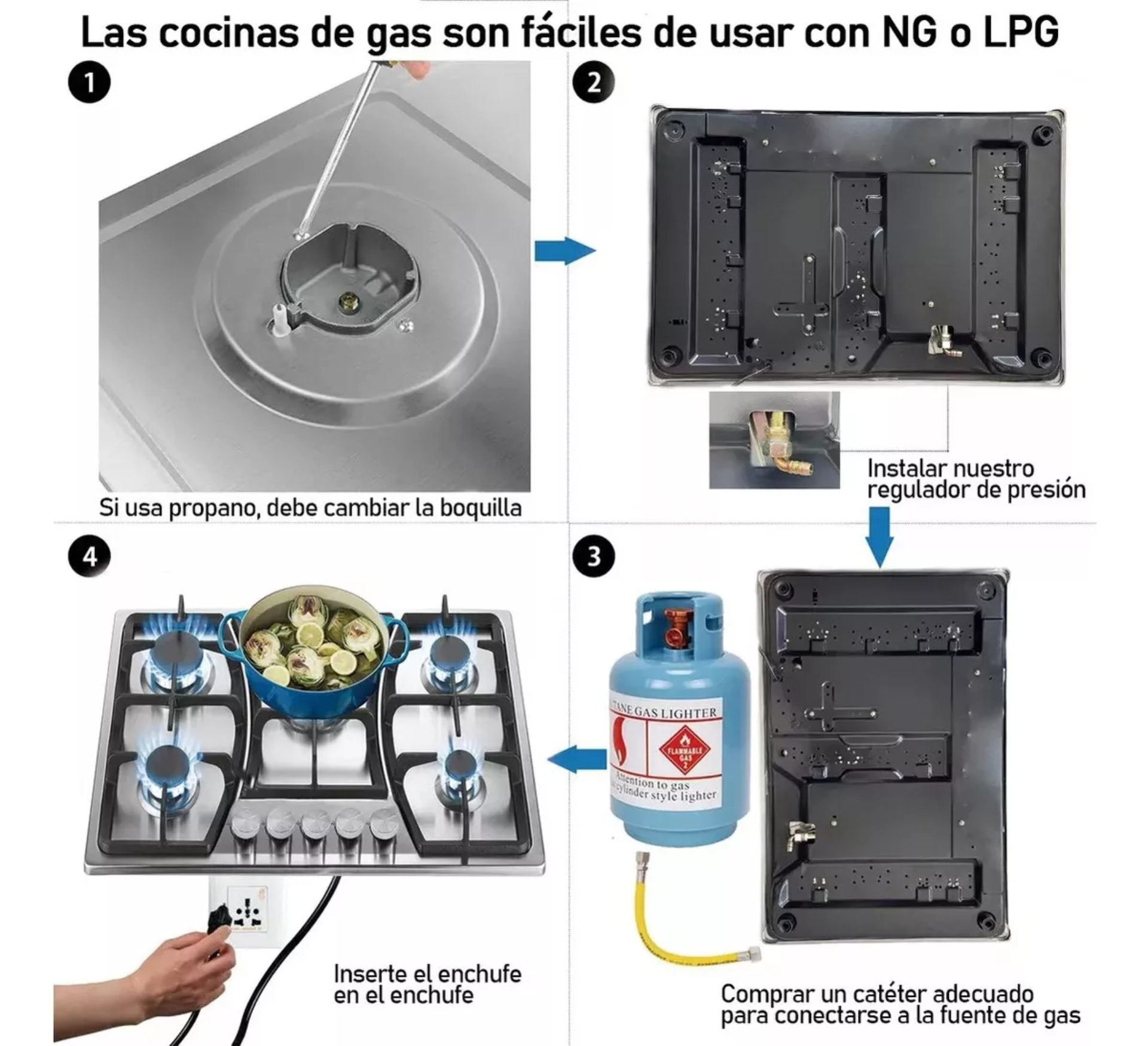 Parrilla A Gas Empotrable 5 Quemadores Acero Inoxidable Premium Plateada Color Plateado Nube