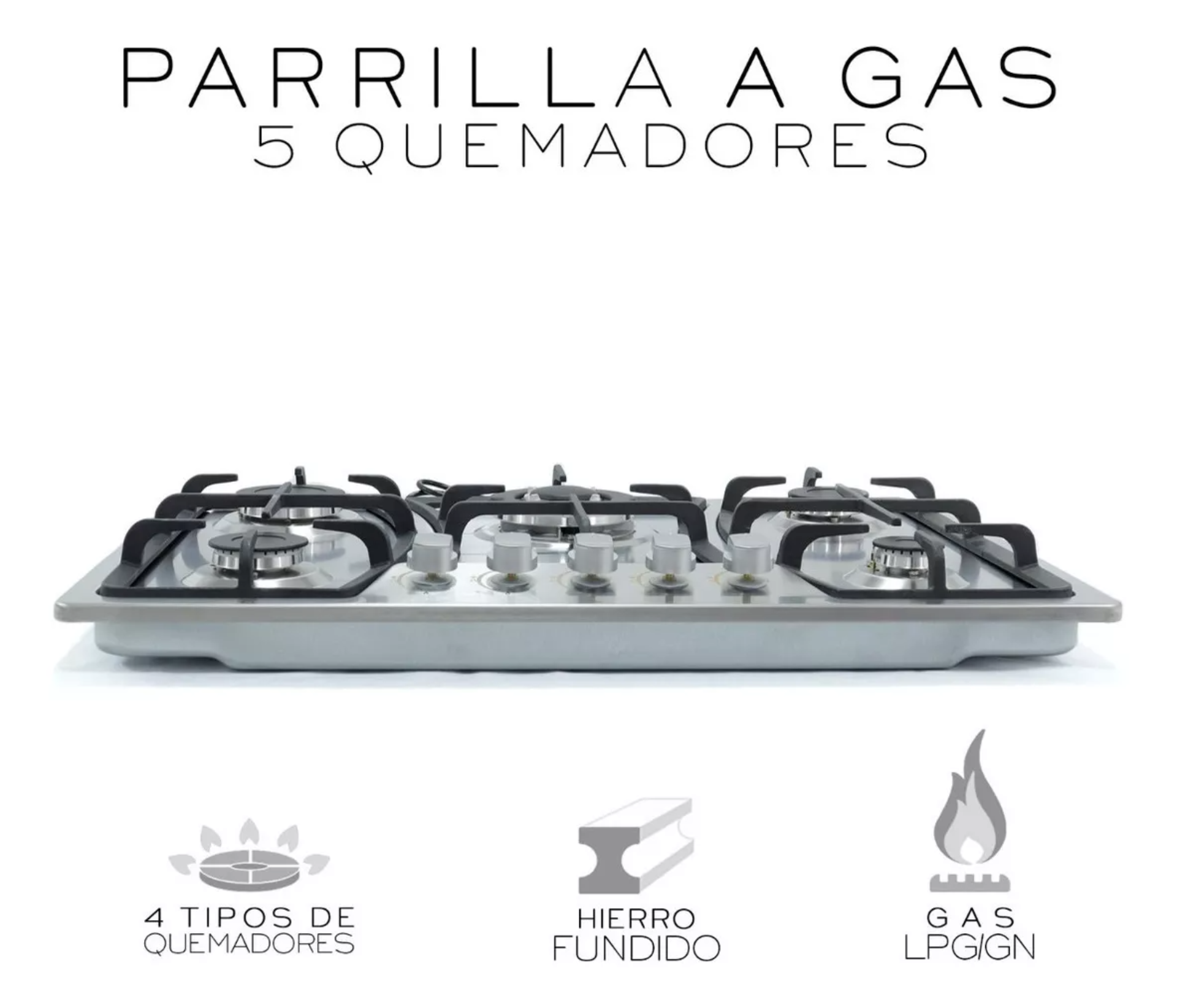 Parrilla A Gas Empotrable 5 Quemadores Acero Inoxidable Premium Plateada Color Plateado Nube