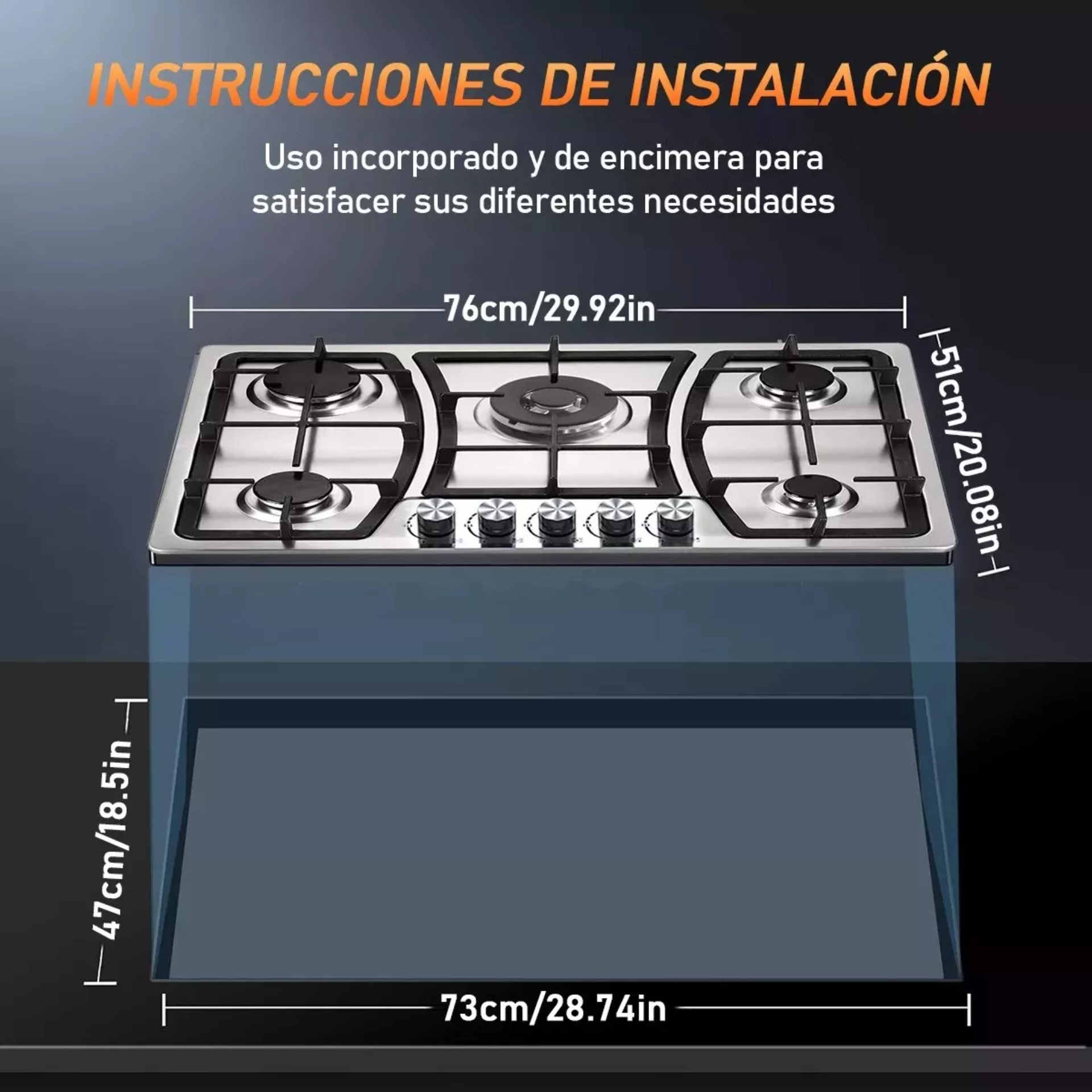 Parrilla A Gas Empotrable 5 Quemadores Acero Inoxidable Premium Plateada Color Plateado Nube