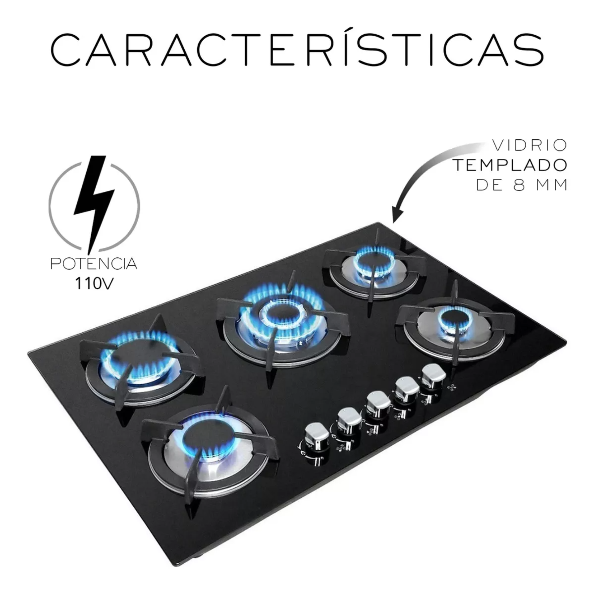 Parrilla A Gas Premium 5 Quemadores Empotrable Negra Cristal Templado Color Negro Nube