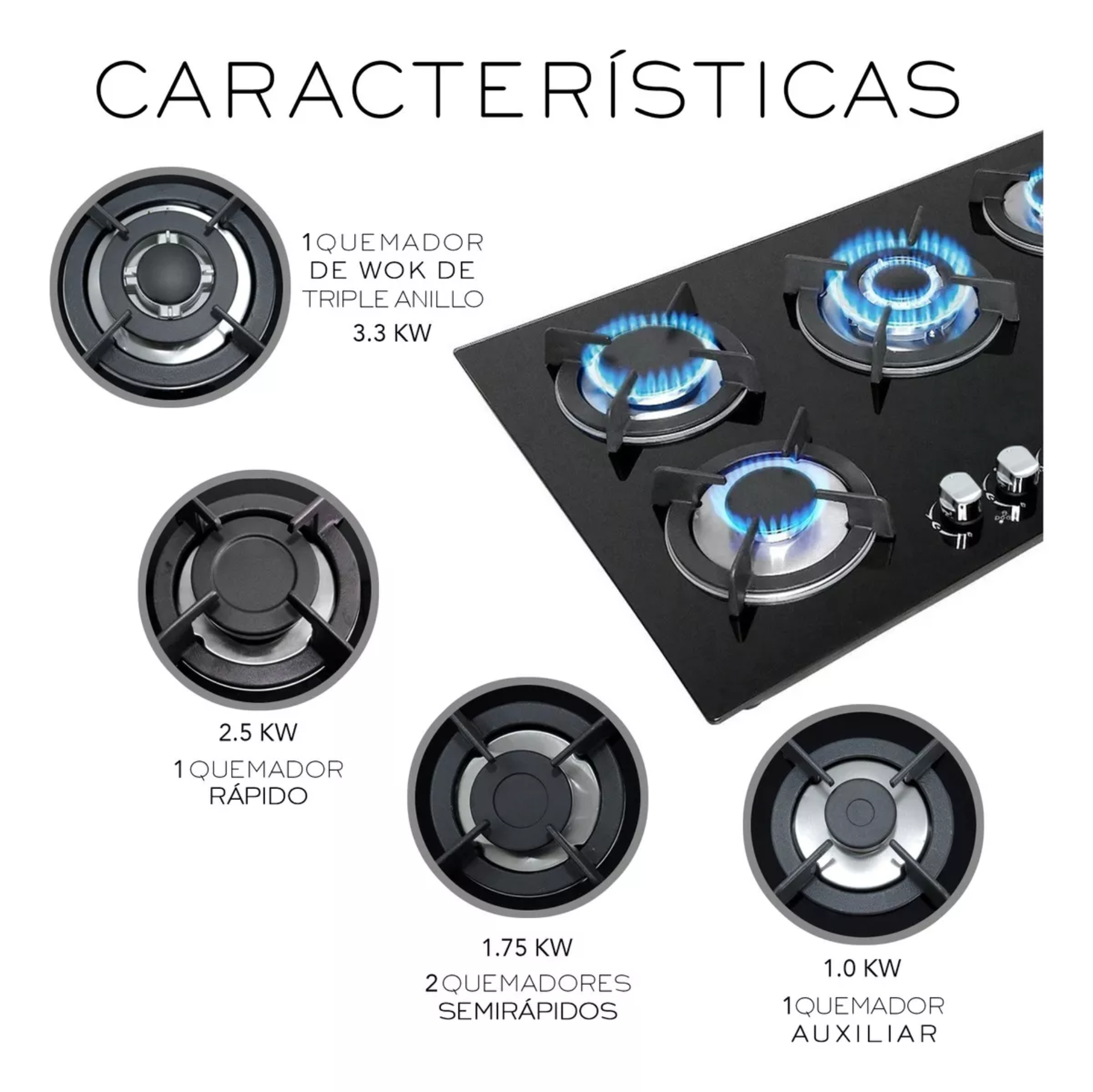 Parrilla A Gas Premium 5 Quemadores Empotrable Negra Cristal Templado Color Negro Nube