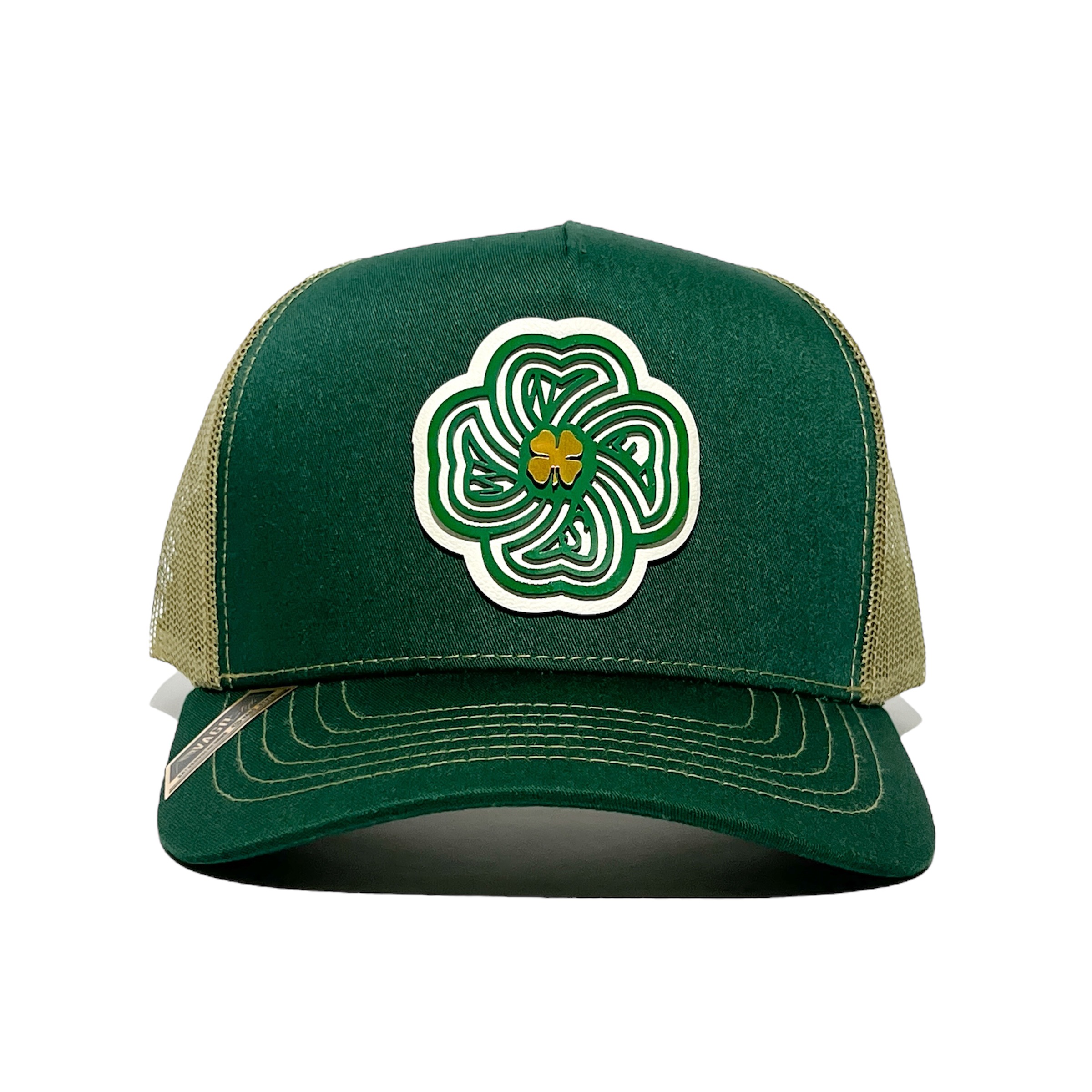 VAGO Style LUCKY Trébol Gorra Unica Artesanal Verde Obscuro y Malla Dorada Ajustable con Visera Curva