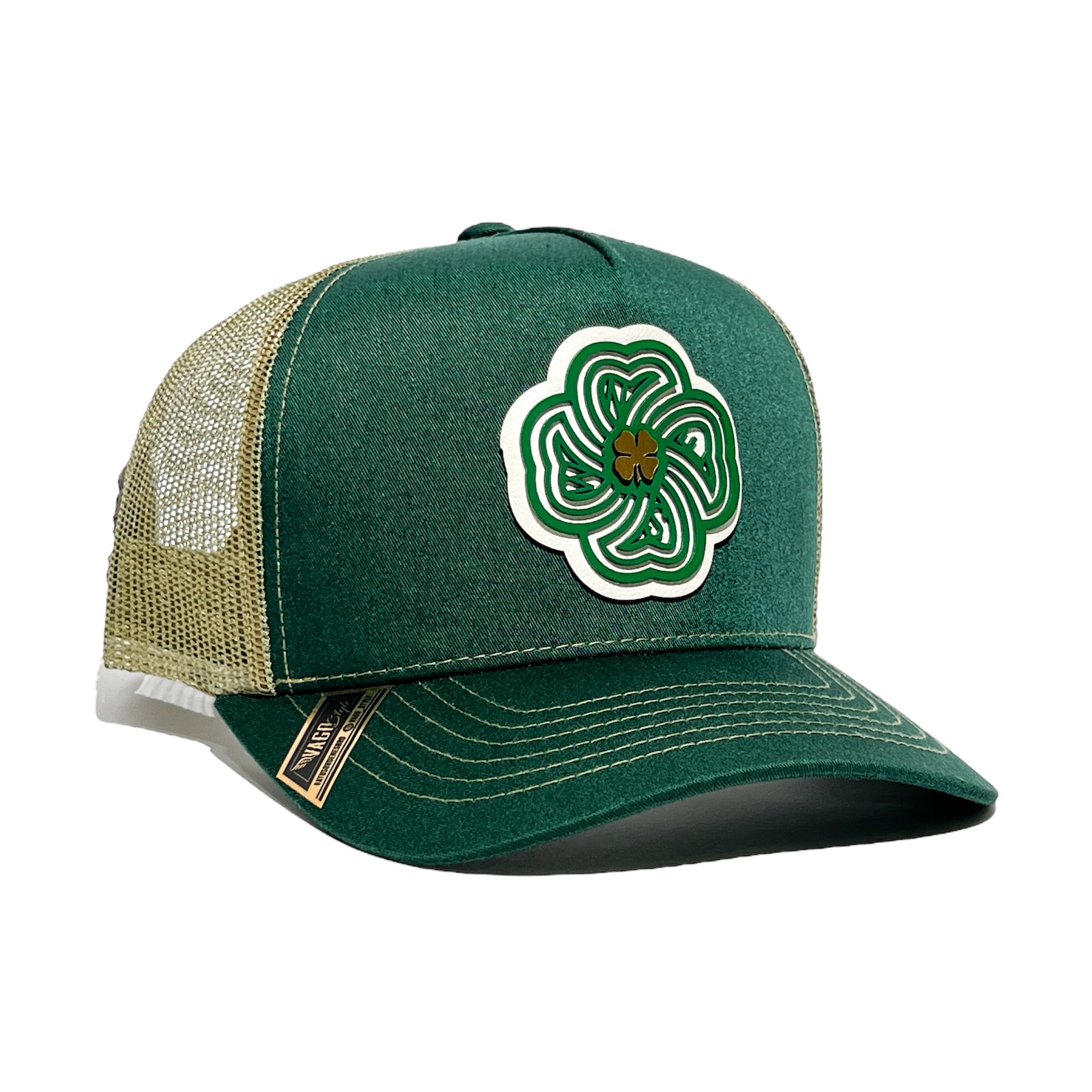 VAGO Style LUCKY Trébol Gorra Unica Artesanal Verde Obscuro y Malla Dorada Ajustable con Visera Curva