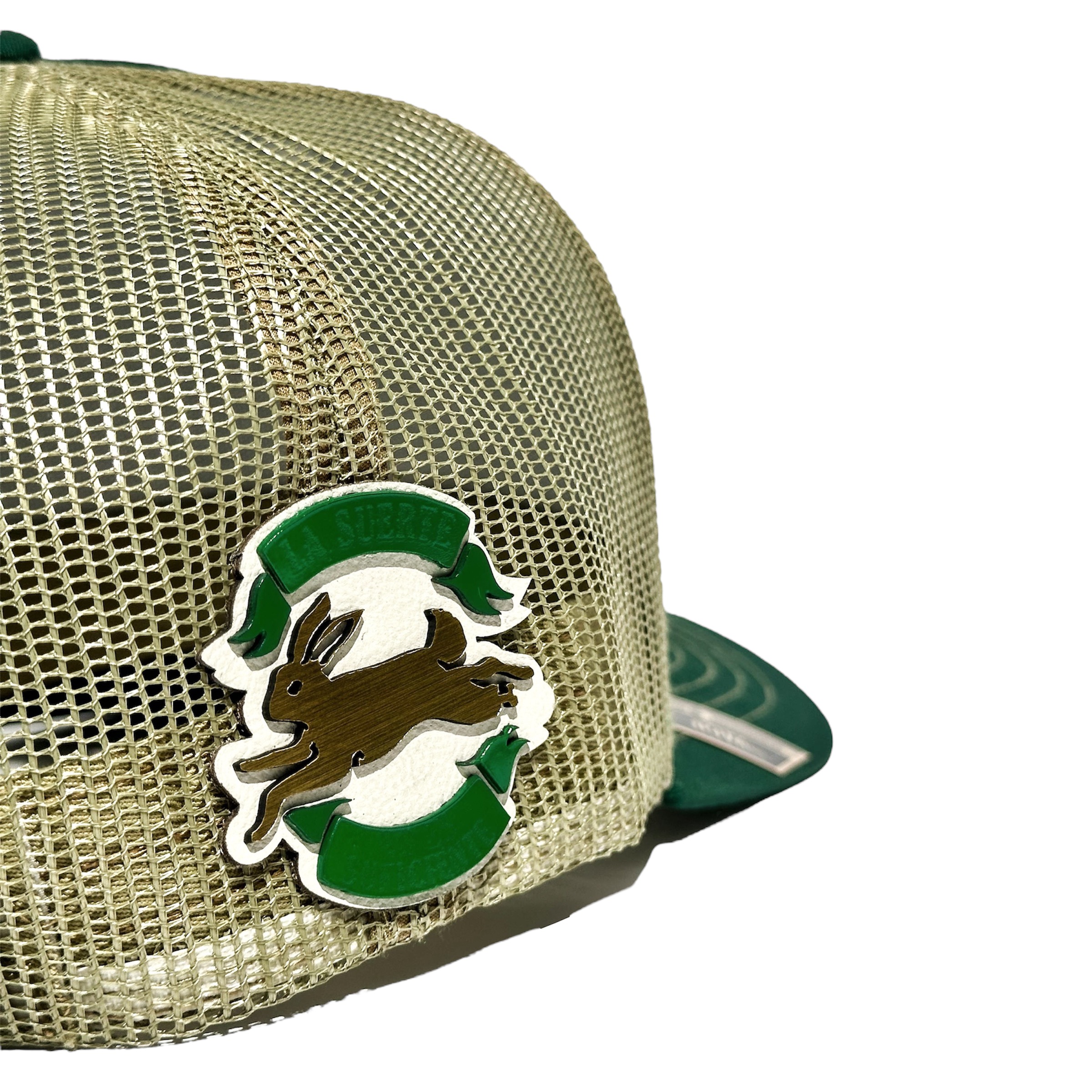 VAGO Style LUCKY Trébol Gorra Unica Artesanal Verde Obscuro y Malla Dorada Ajustable con Visera Curva