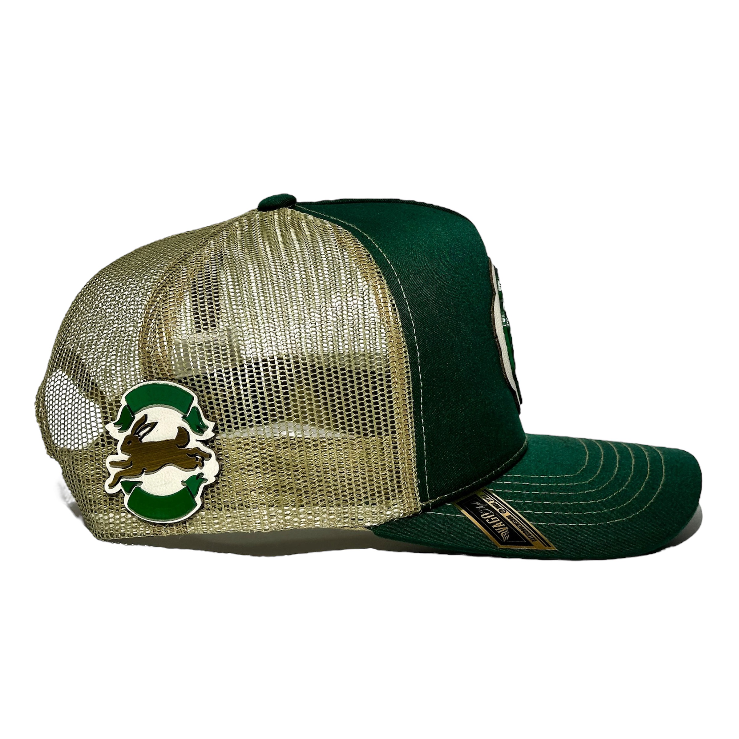 VAGO Style LUCKY Trébol Gorra Unica Artesanal Verde Obscuro y Malla Dorada Ajustable con Visera Curva