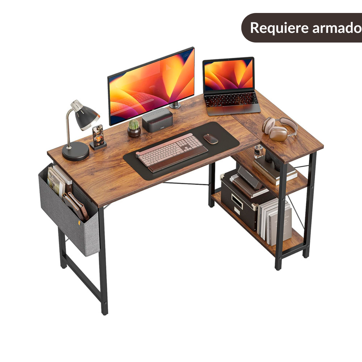 Ilios Innova Escritorio para computadora con estantería de 3 Niveles y Bolsa de Almacenamiento Lateral estación de Trabajo Minimalista Estación de trabajo Home Office 