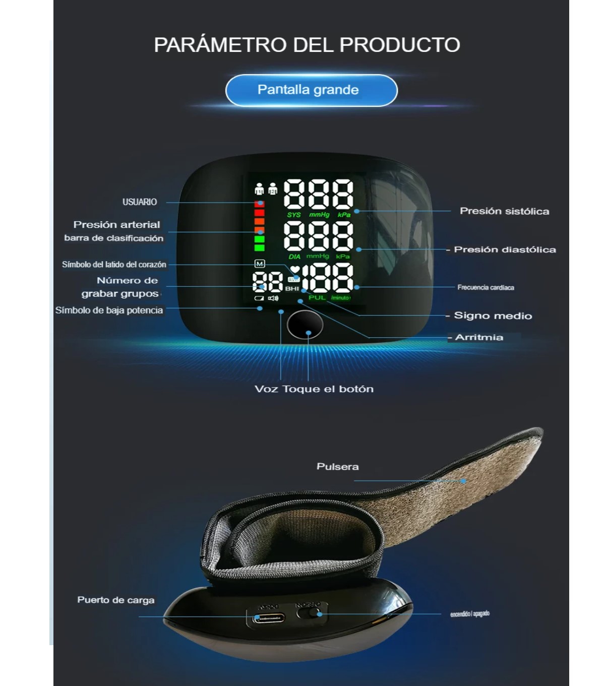  Monitor de presión arterial muñeca voz recargable USB pantalla led Touch pulsera digital familiar