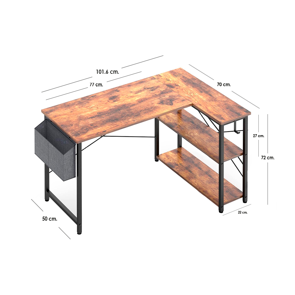 Ilios Innova Escritorio para computadora con estantería de 3 Niveles y Bolsa de Almacenamiento Lateral estación de Trabajo Minimalista Estación de trabajo Home Office 
