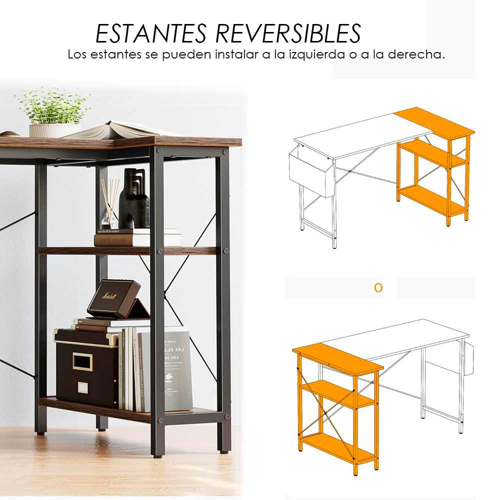 Ilios Innova Escritorio para computadora con estantería de 3 Niveles y Bolsa de Almacenamiento Lateral estación de Trabajo Minimalista Estación de trabajo Home Office 