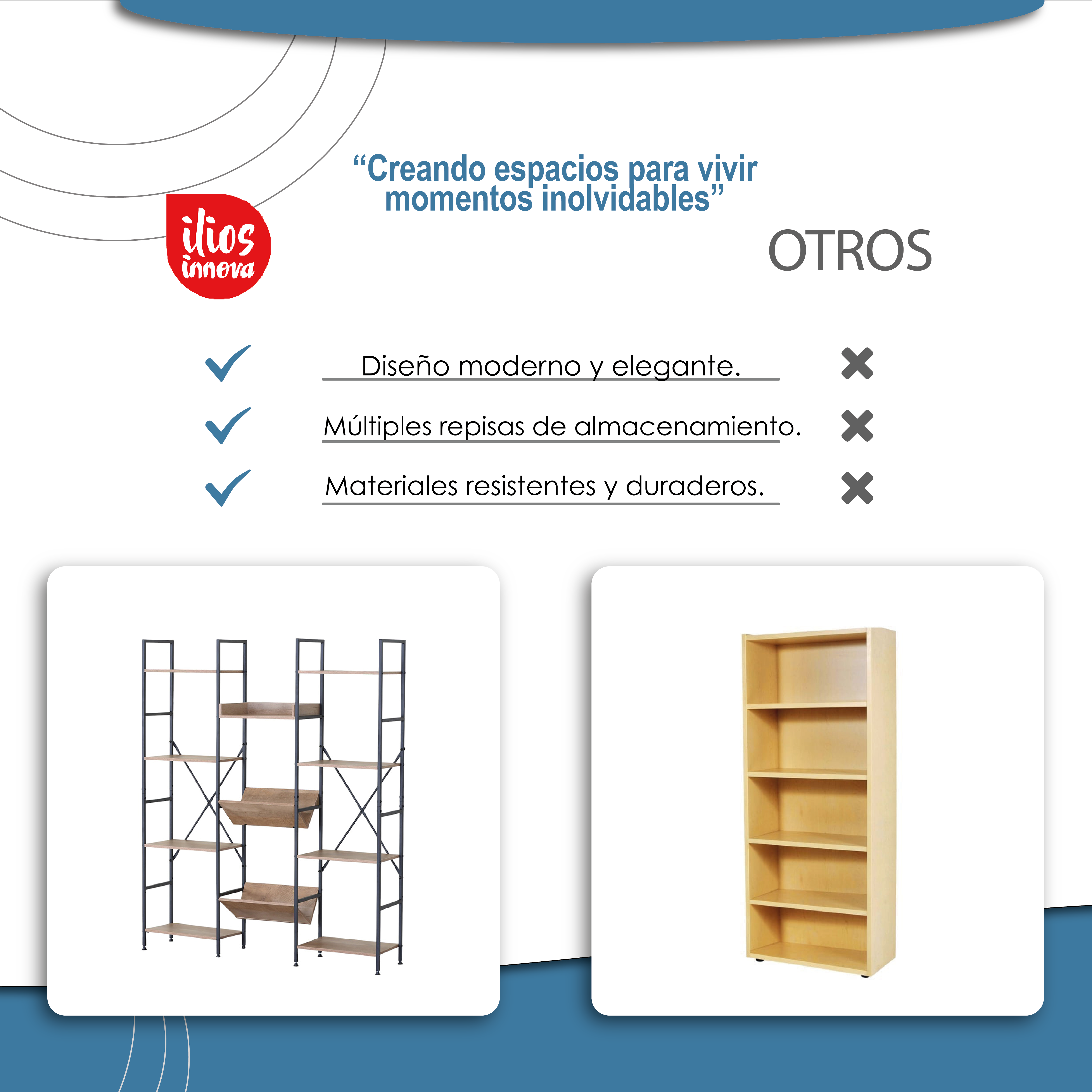 Ilios Innova | Librero Organizado de 3 Cuerpos, Metal y Madera, Mueble Multifuncional con un gran diseño