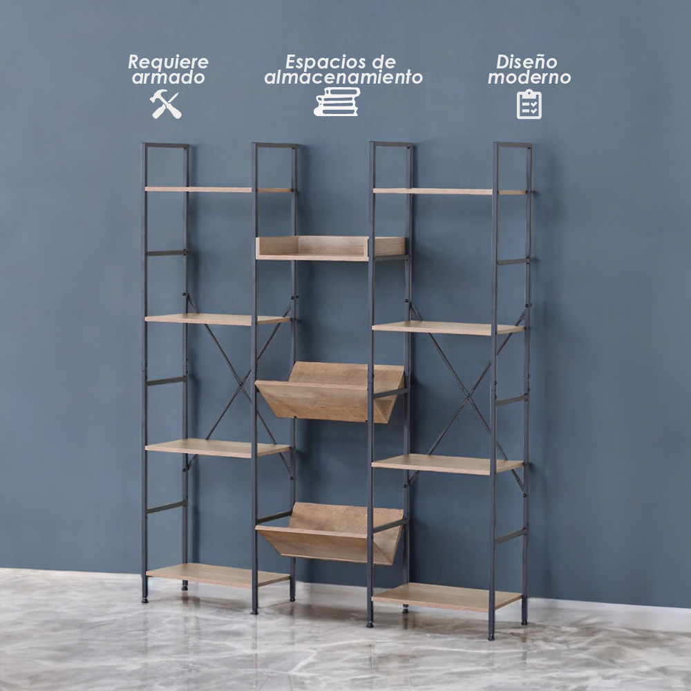Ilios Innova | Librero Organizado de 3 Cuerpos, Metal y Madera, Mueble Multifuncional con un gran diseño