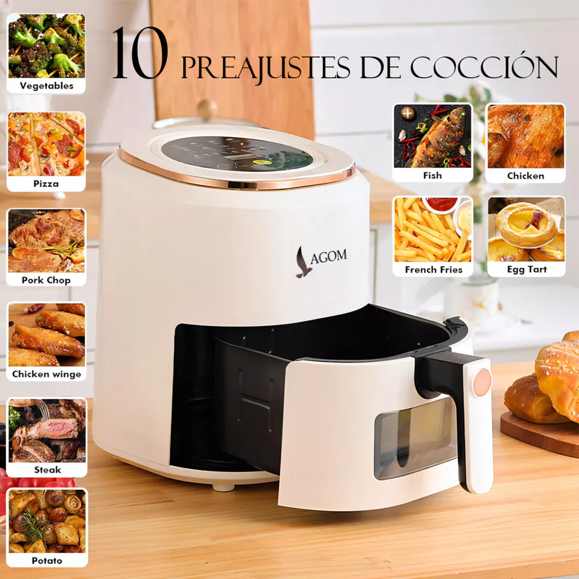 Freidora De Aire Lagom Af335 Sin Aceite Electrica Digital Air Fryer 7.5l Con Ventana Visible 1400w 10 Programas De Cocción 200°c Temperatura Ajustable Calentamiento De Circulación 360° Pantalla Táctil