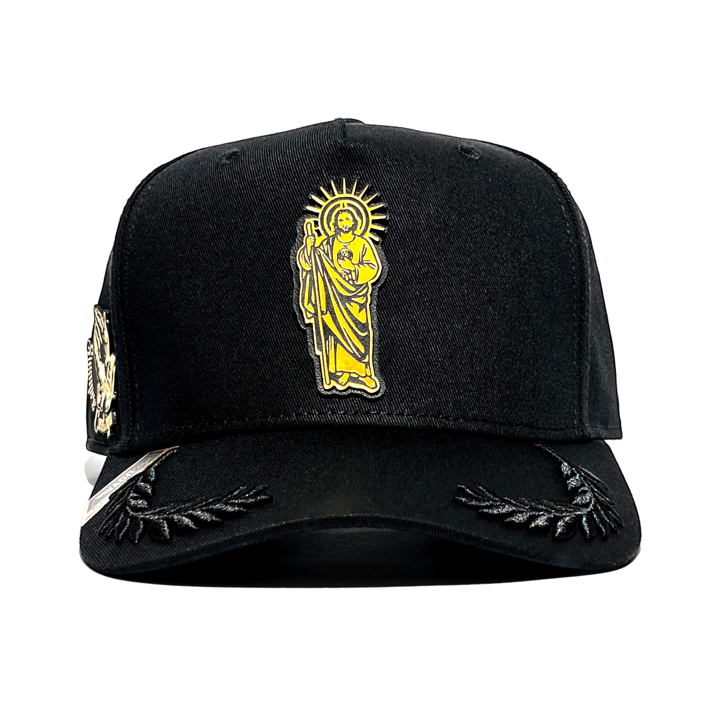 VAGO Style SAN JUDAS Gorra Unica Artesanal Negra Ajustable con Visera Curva con Laureles Negros