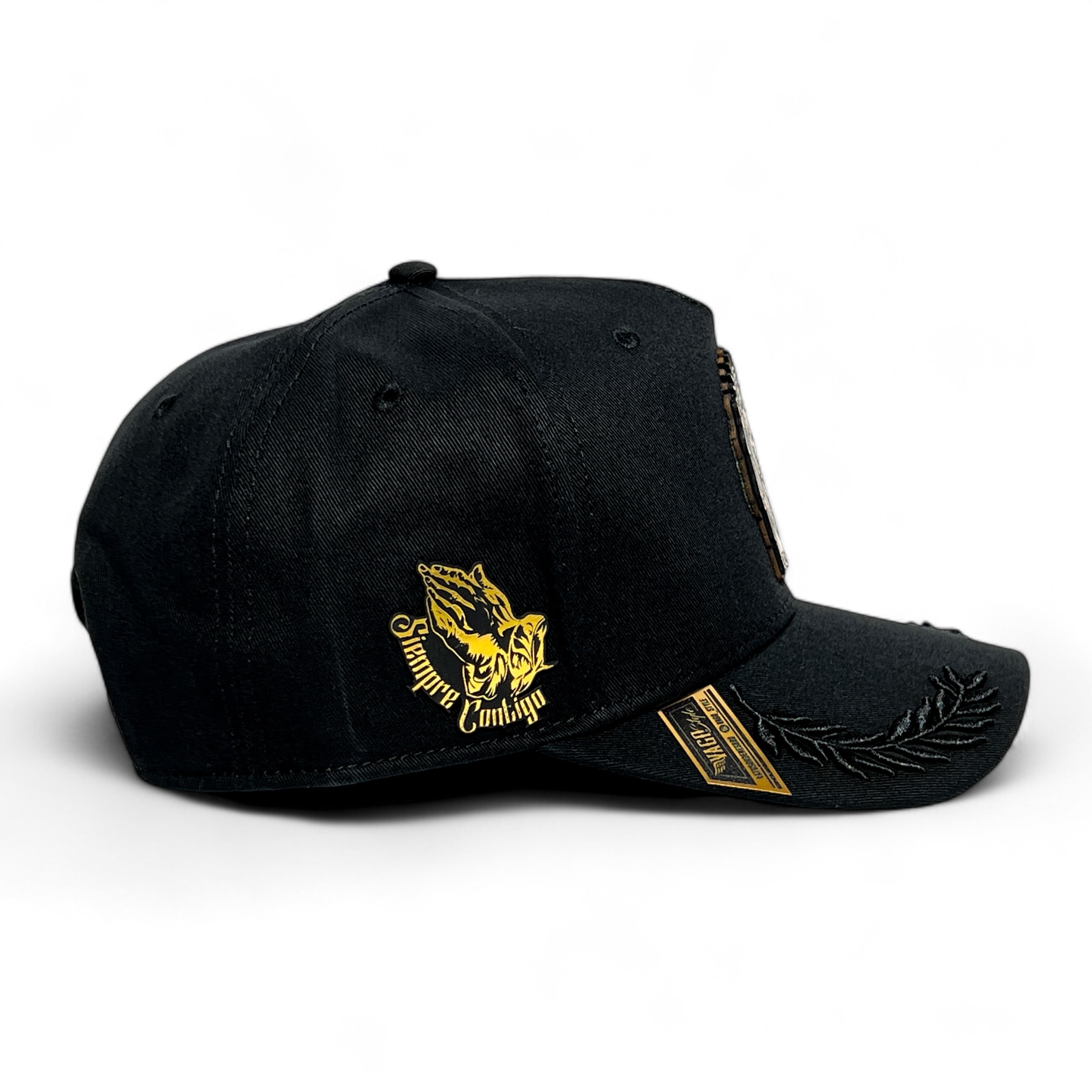 VAGO Style SAN JUDAS Gorra Unica Artesanal Negra Ajustable con Visera Curva con Laureles Negros