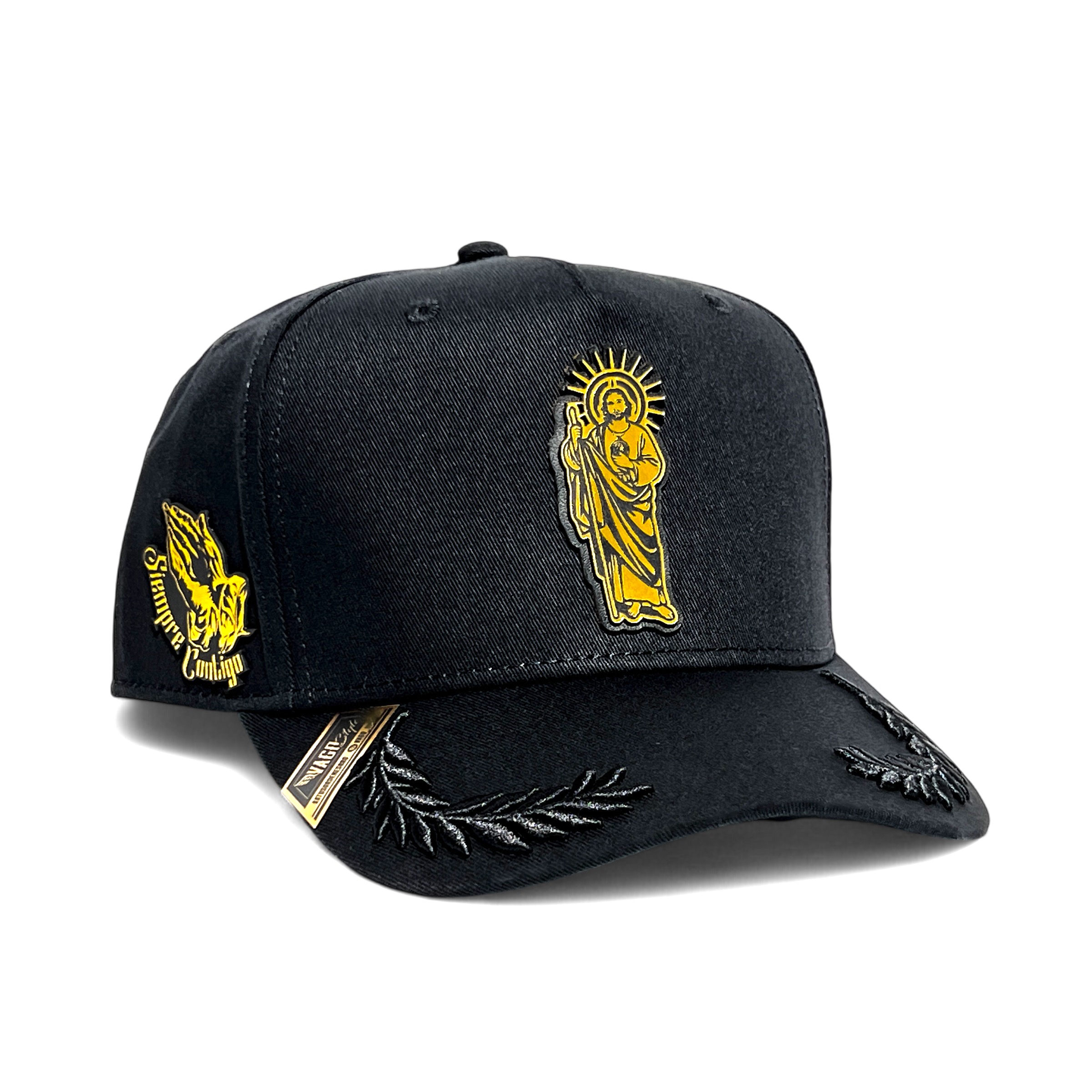 VAGO Style SAN JUDAS Gorra Unica Artesanal Negra Ajustable con Visera Curva con Laureles Negros