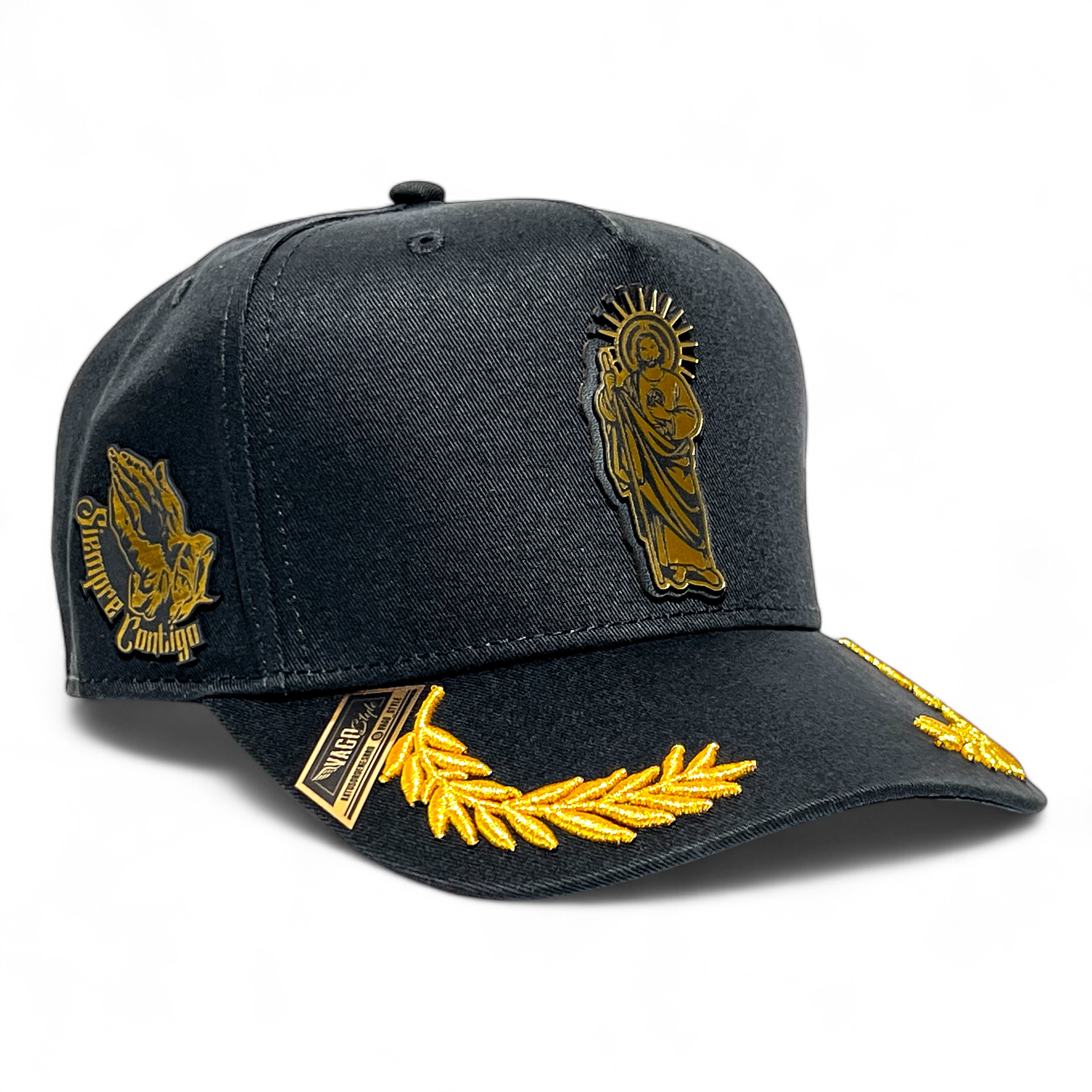 VAGO Style SAN JUDAS Gorra Unica Artesanal Negra Ajustable con Visera Curva con Laureles Dorados