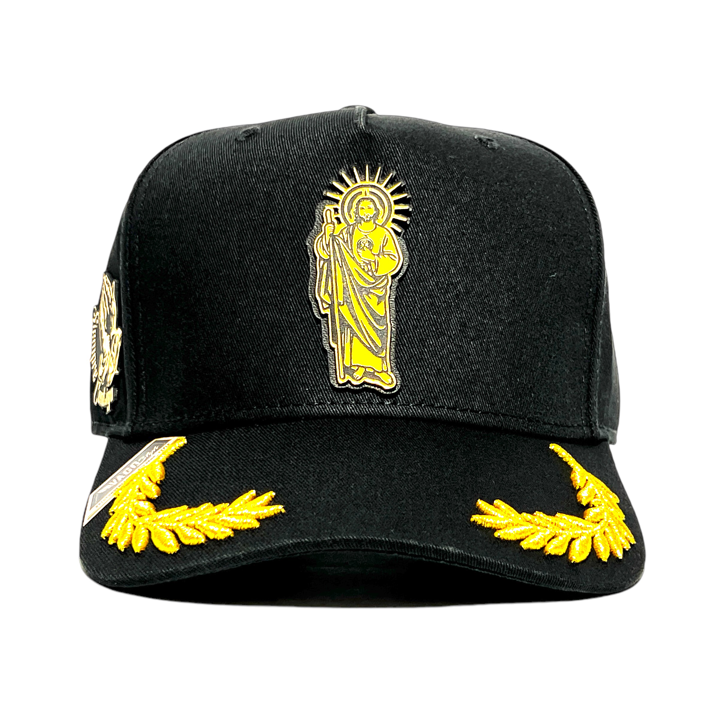 VAGO Style SAN JUDAS Gorra Unica Artesanal Negra Ajustable con Visera Curva con Laureles Dorados