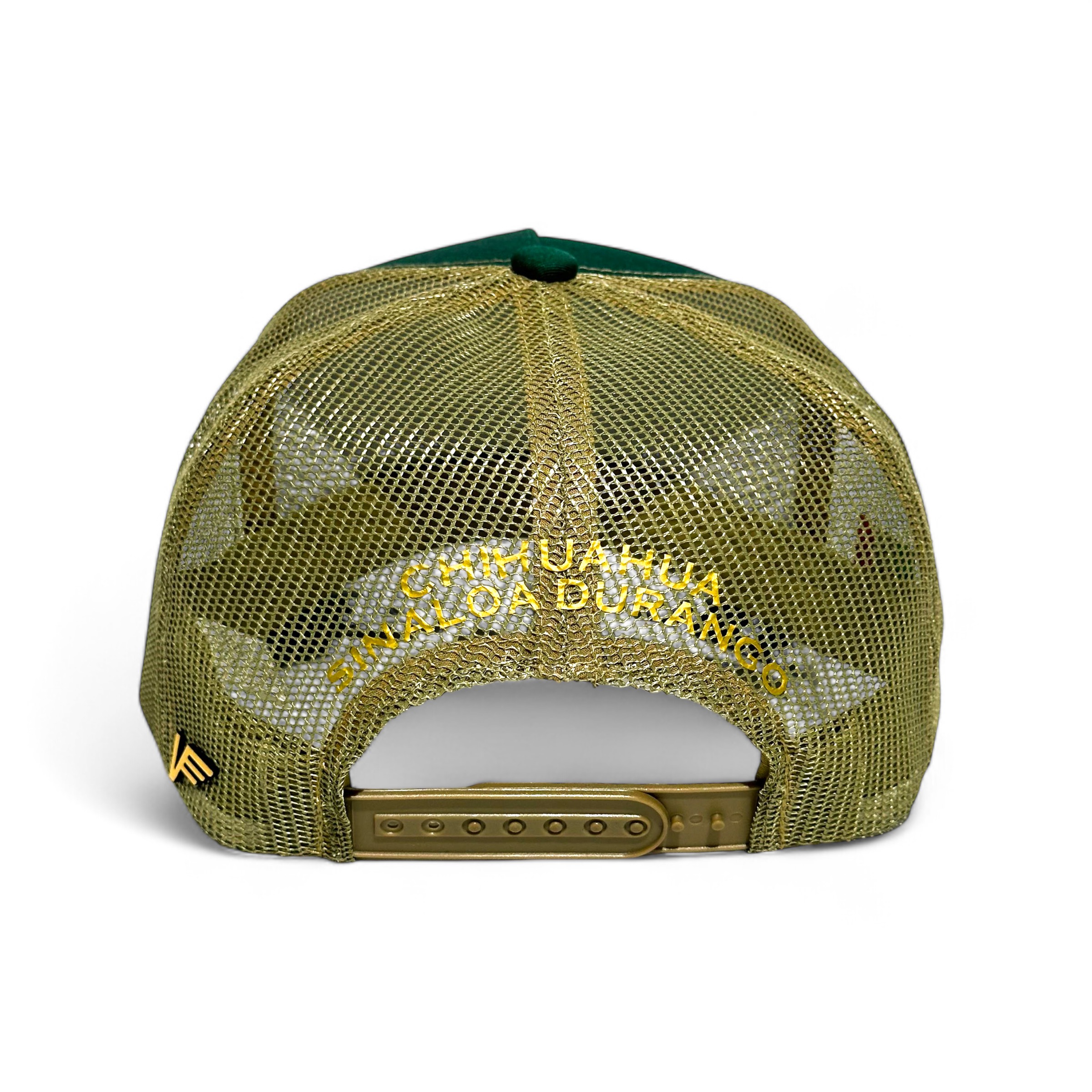 VAGO Style TRIANGULO DORADO Gorra Unica Artesanal Verde Obscuro y Malla Dorada Ajustable con Visera Curva