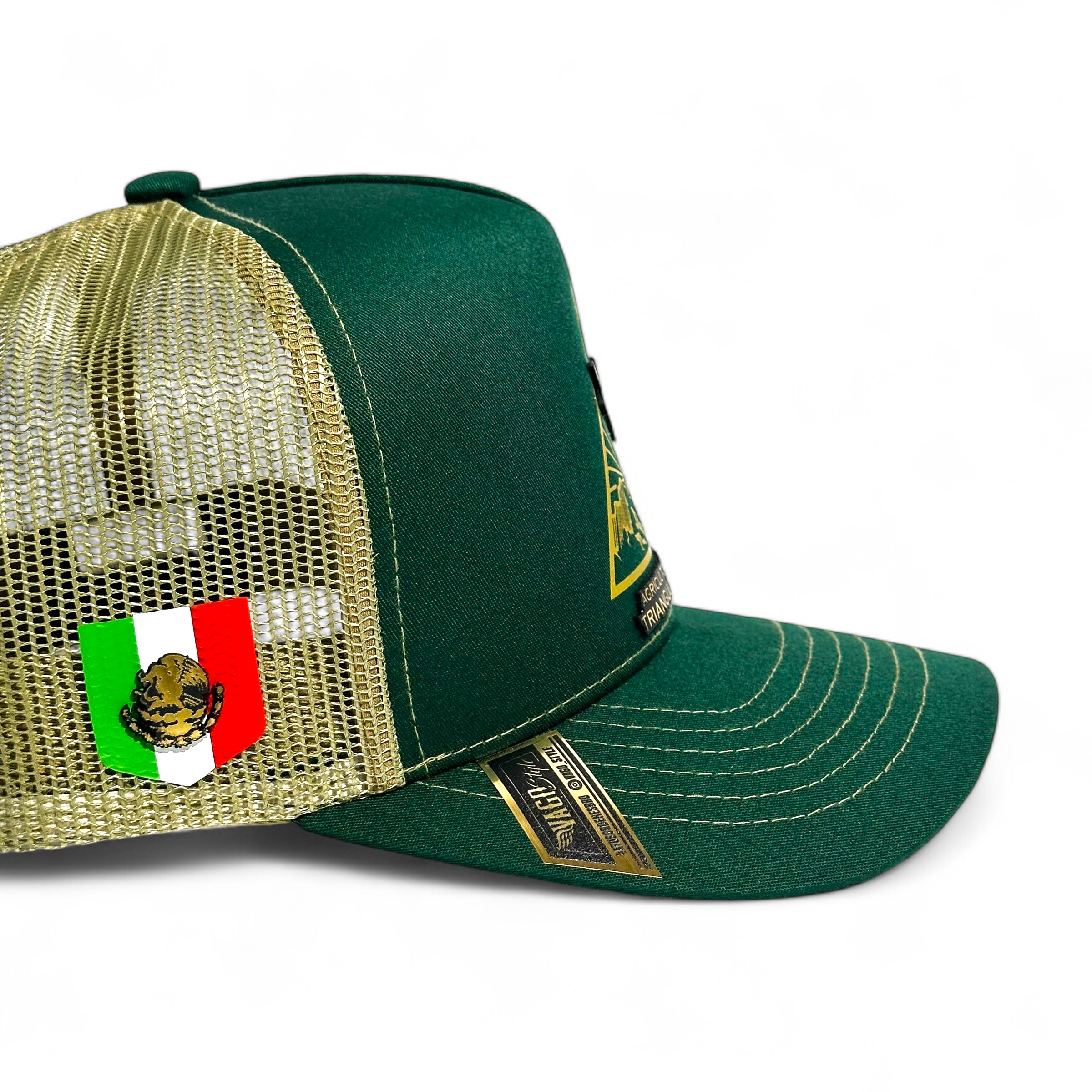 VAGO Style TRIANGULO DORADO Gorra Unica Artesanal Verde Obscuro y Malla Dorada Ajustable con Visera Curva