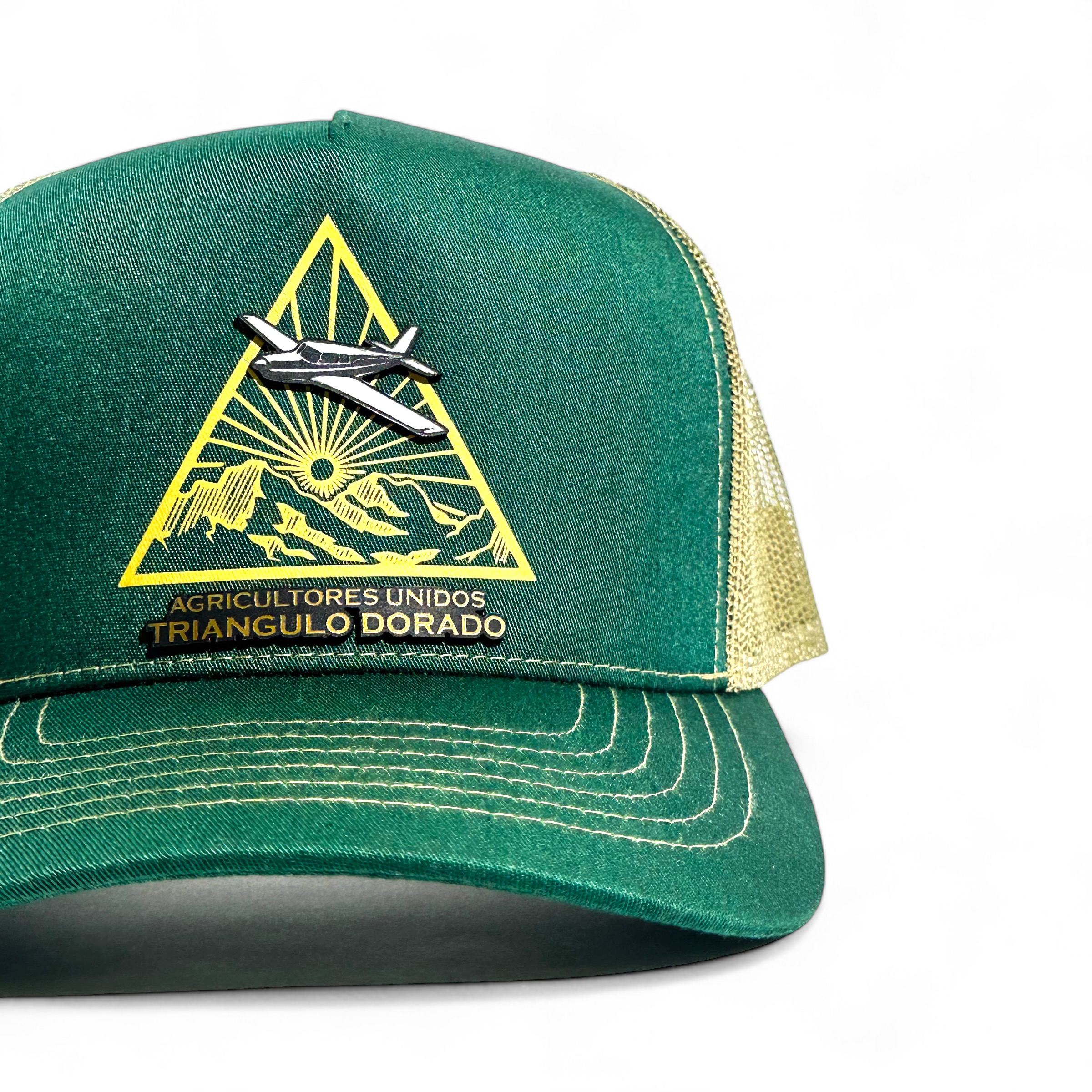 VAGO Style TRIANGULO DORADO Gorra Unica Artesanal Verde Obscuro y Malla Dorada Ajustable con Visera Curva