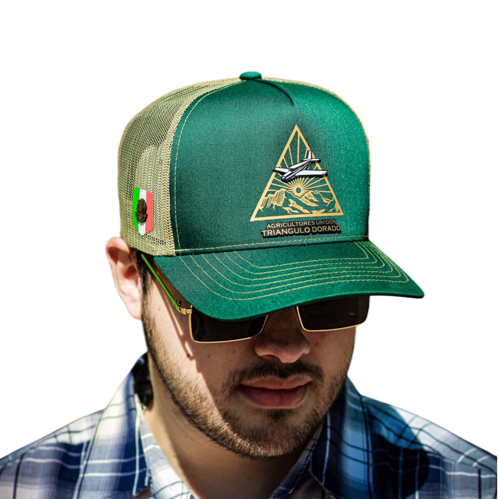 VAGO Style TRIANGULO DORADO Gorra Unica Artesanal Verde Obscuro y Malla Dorada Ajustable con Visera Curva