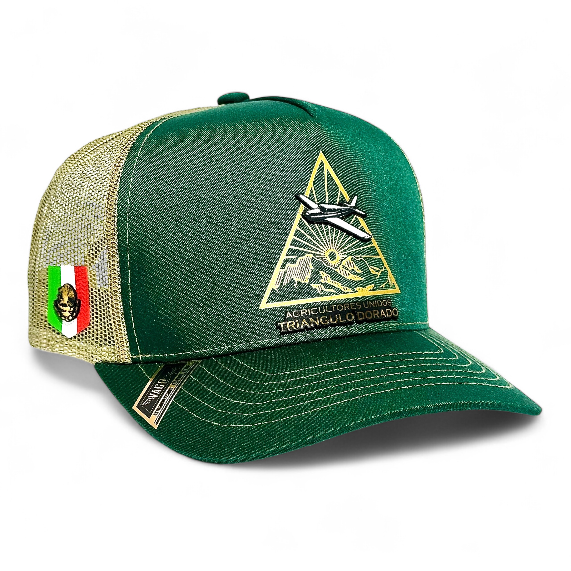 VAGO Style TRIANGULO DORADO Gorra Unica Artesanal Verde Obscuro y Malla Dorada Ajustable con Visera Curva