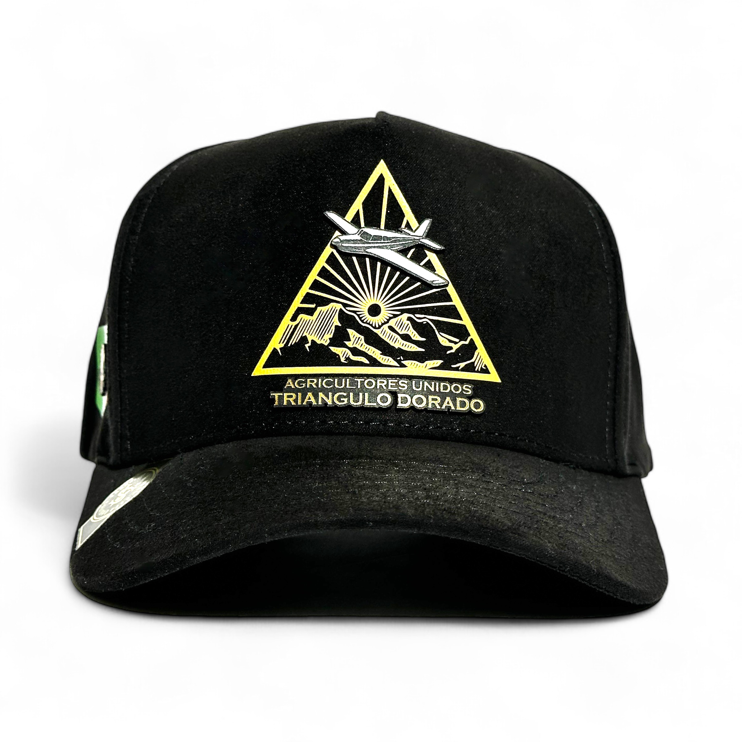 VAGO Style TRIANGULO DORADO Gorra Unica Artesanal Negra de Gamuza Ajustable con Visera Curva