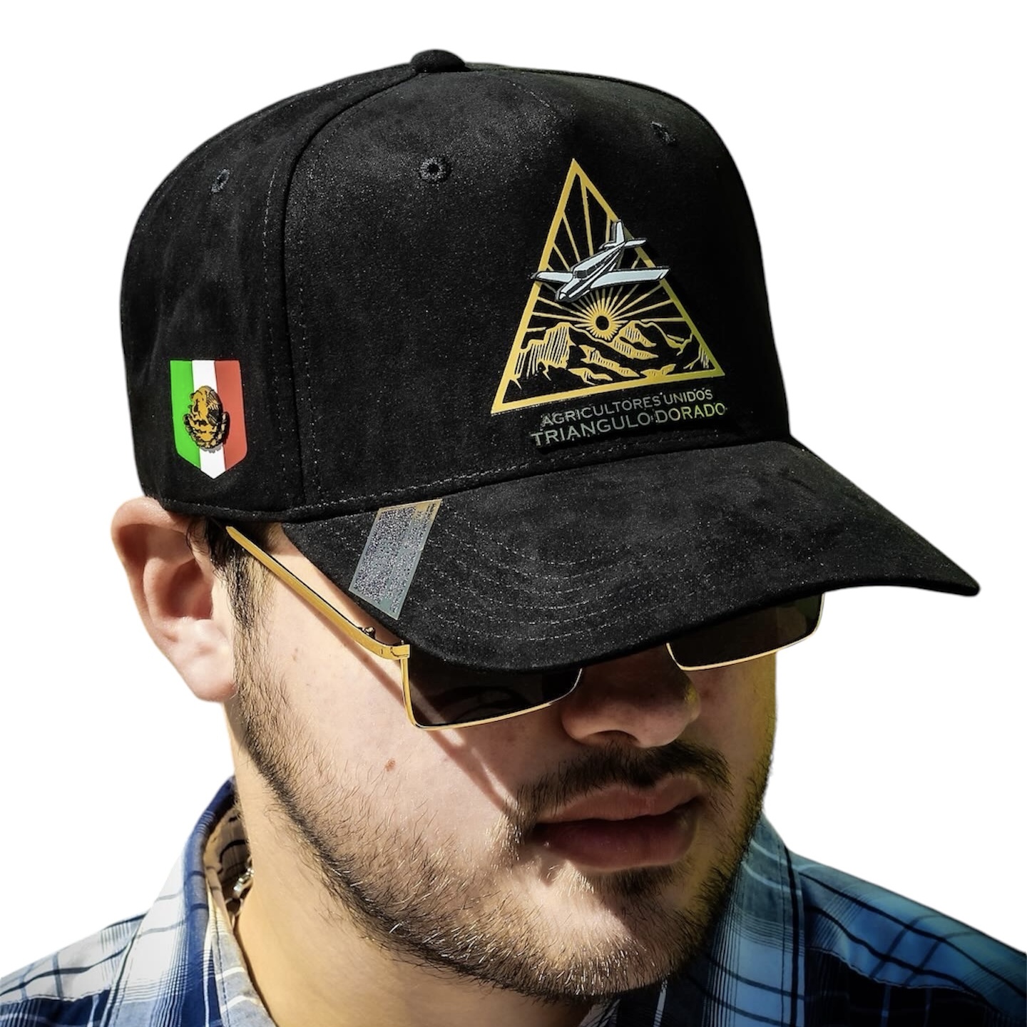 VAGO Style TRIANGULO DORADO Gorra Unica Artesanal Negra de Gamuza Ajustable con Visera Curva