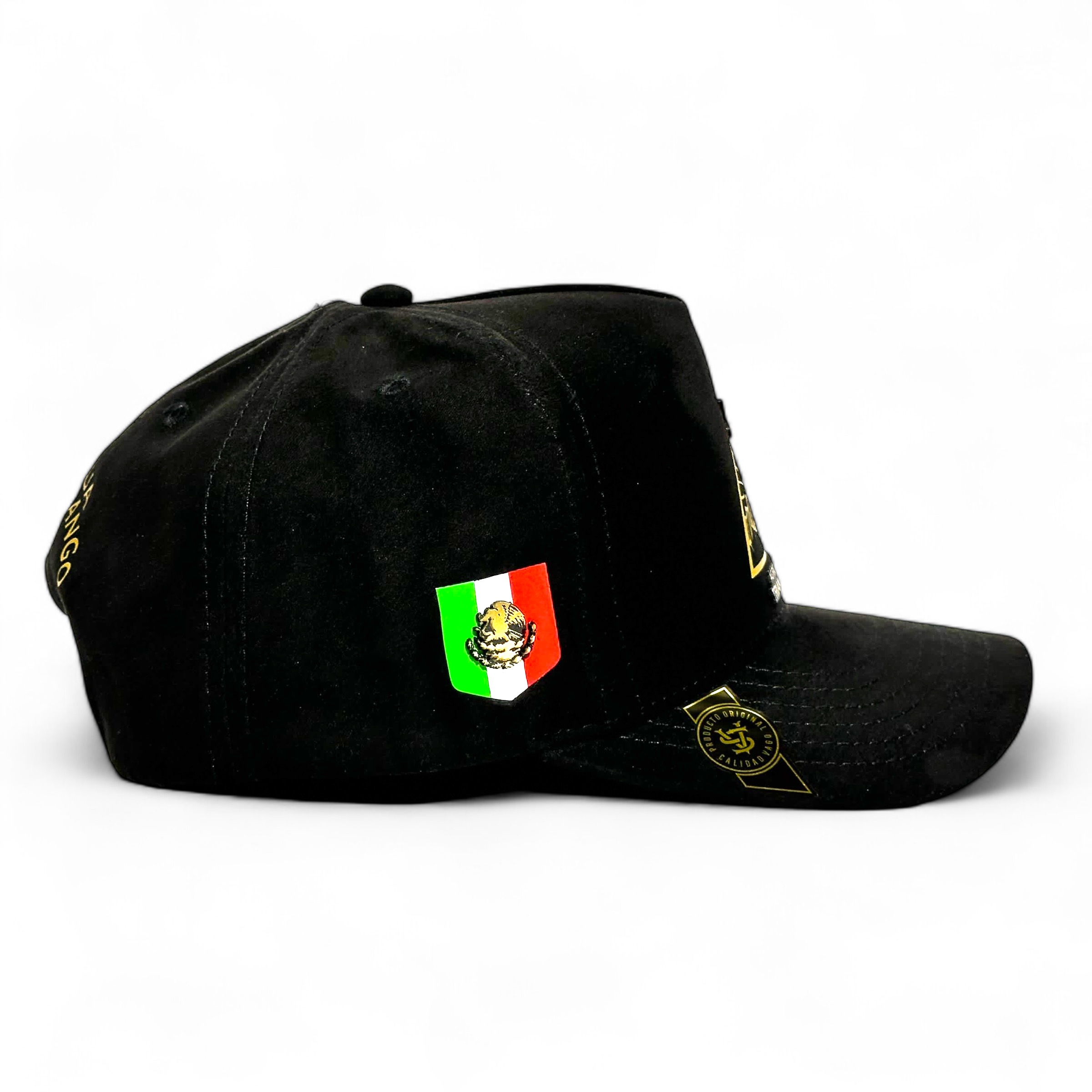 VAGO Style TRIANGULO DORADO Gorra Unica Artesanal Negra de Gamuza Ajustable con Visera Curva