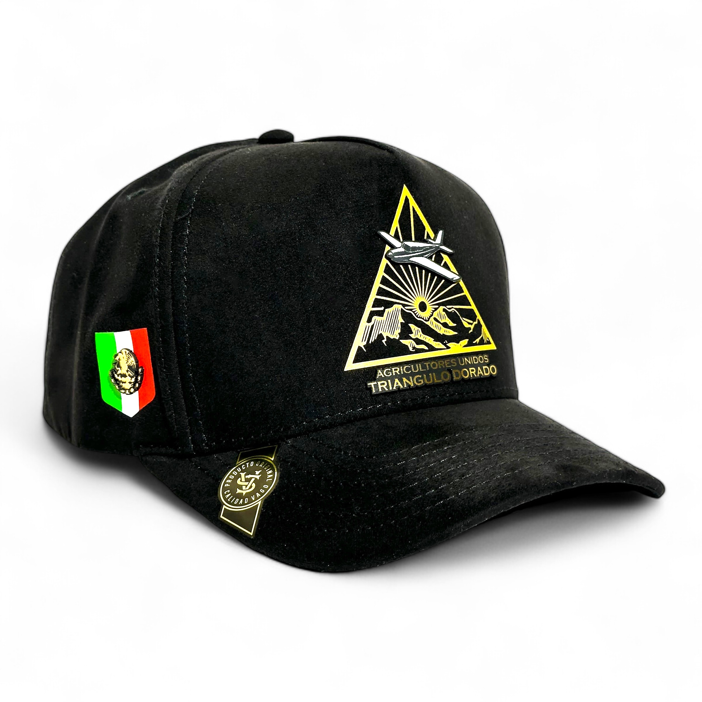 VAGO Style TRIANGULO DORADO Gorra Unica Artesanal Negra de Gamuza Ajustable con Visera Curva