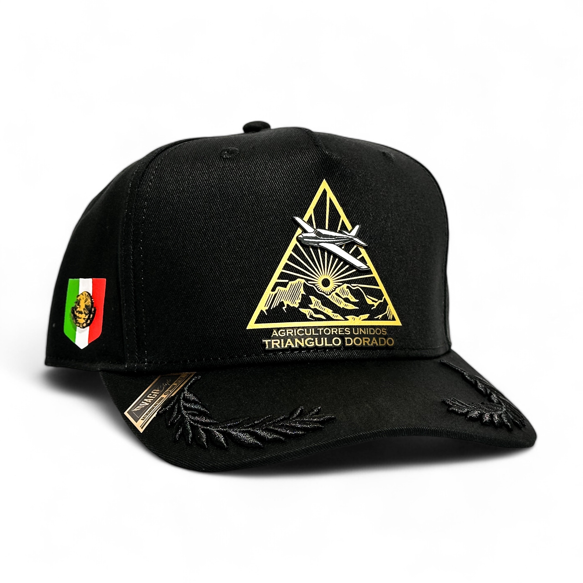 VAGO Style TRIANGULO DORADO Gorra Unica Artesanal Negra Ajustable con Visera Curva con Laureles Negros