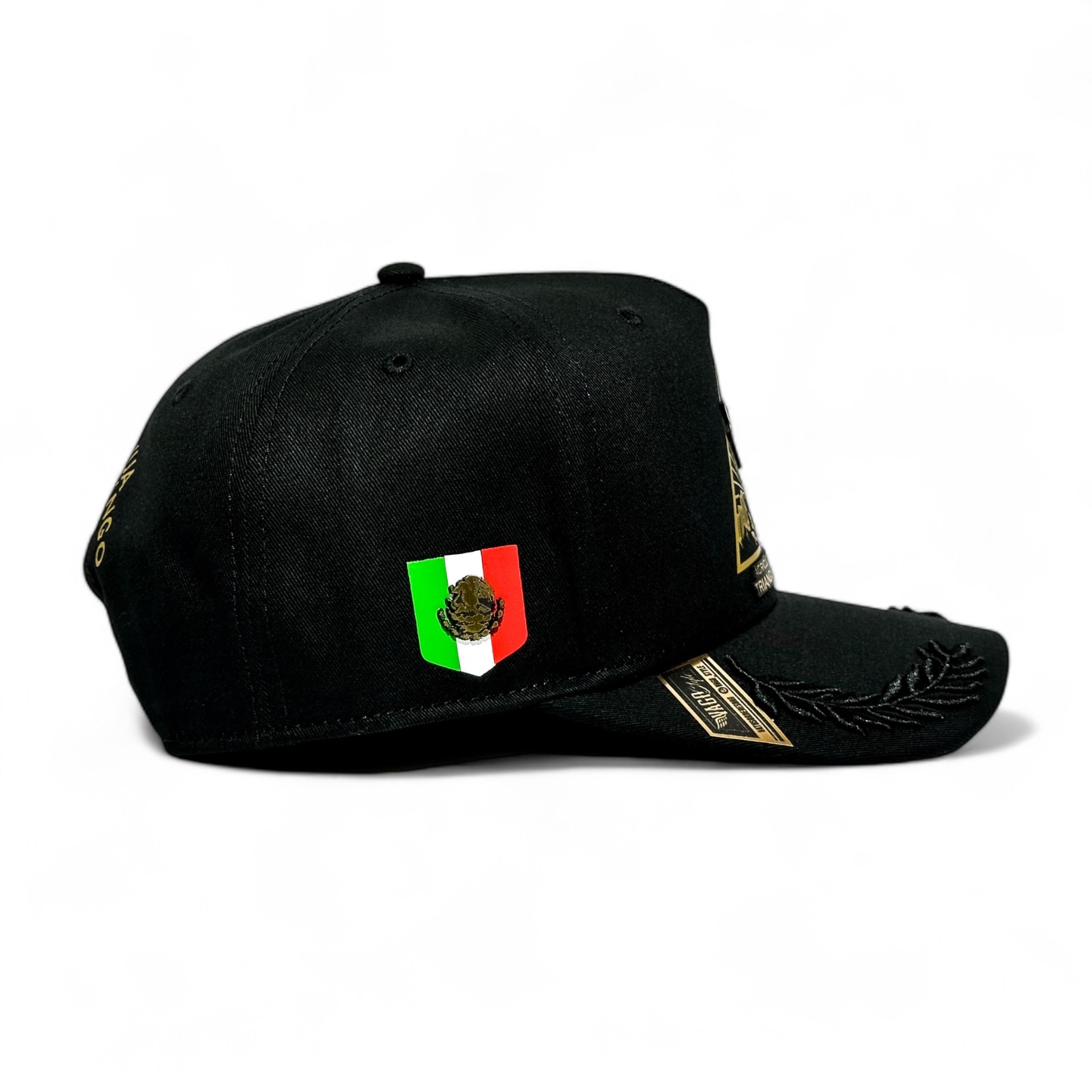 VAGO Style TRIANGULO DORADO Gorra Unica Artesanal Negra Ajustable con Visera Curva con Laureles Negros
