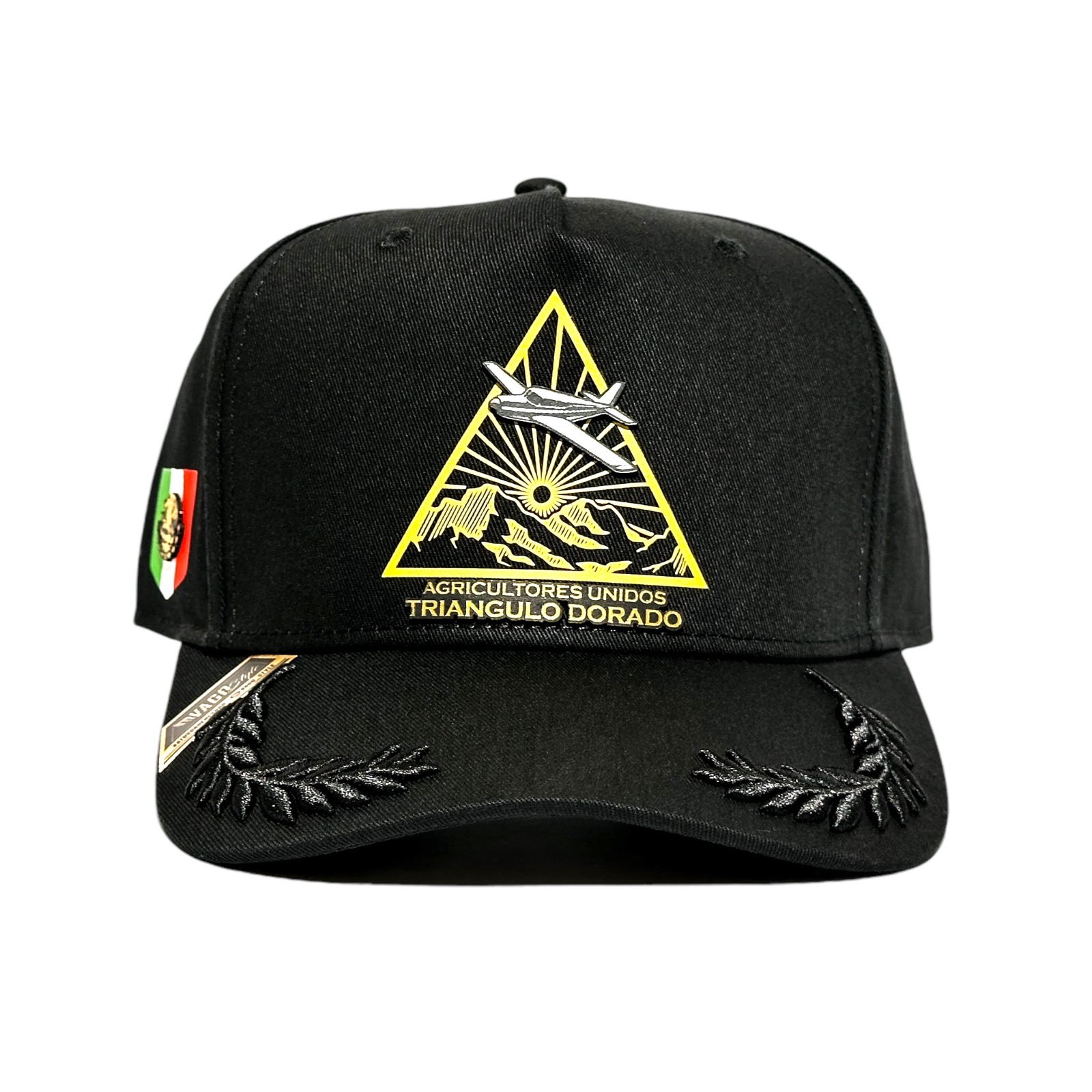 VAGO Style TRIANGULO DORADO Gorra Unica Artesanal Negra Ajustable con Visera Curva con Laureles Negros