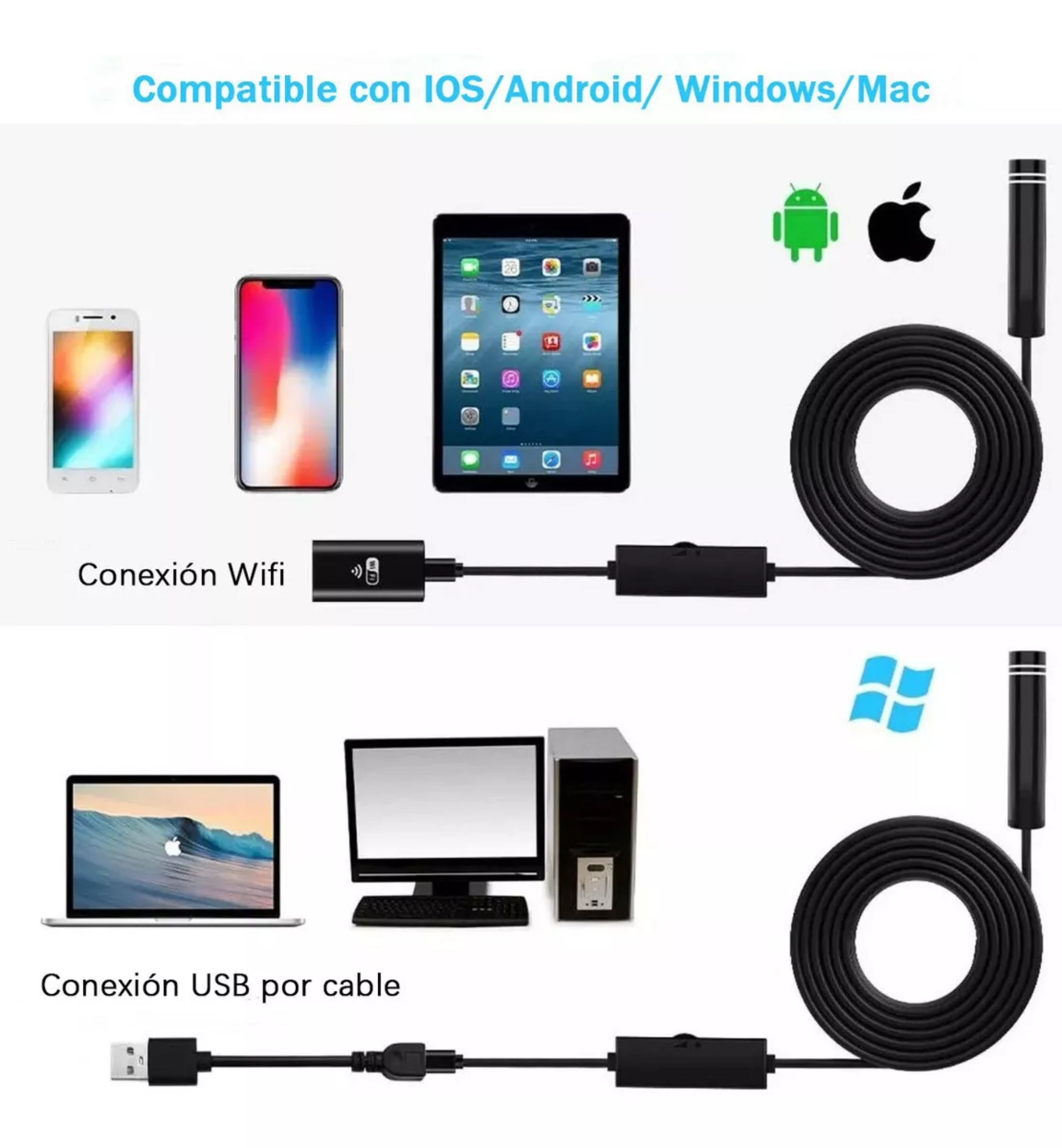 Cámara Endoscópica Para Boroscopio, Wifi, Android, Ios, Led.