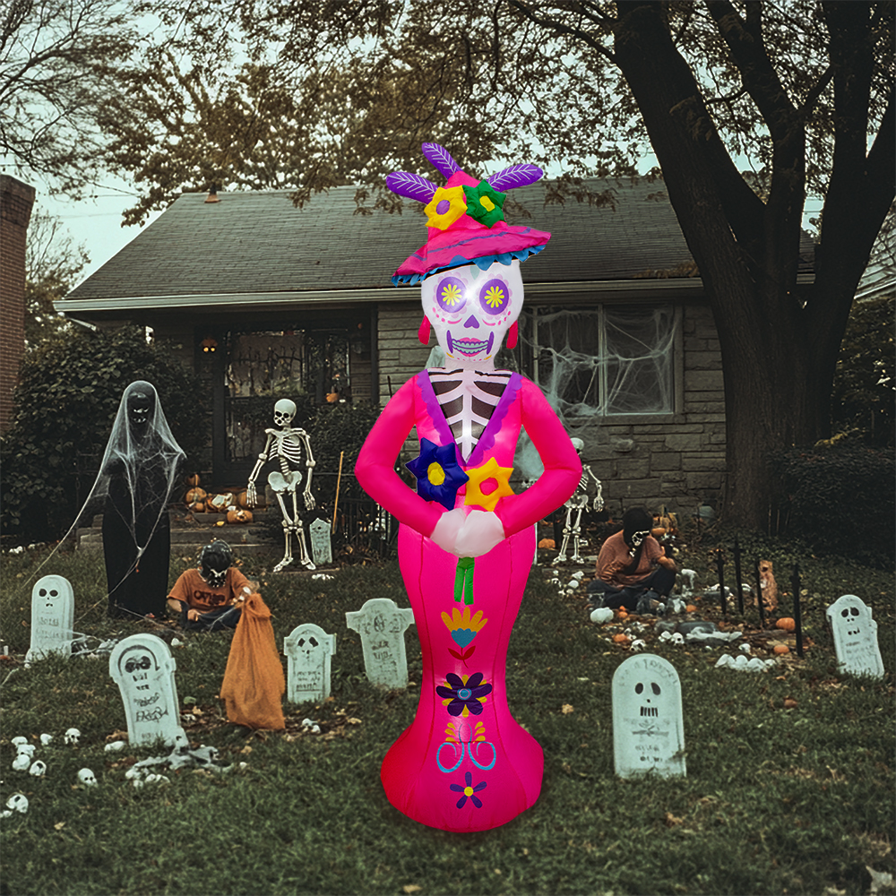 Inflable De Halloween Catrina Rosa 2.1mts Con Luz Decorativo Exterior