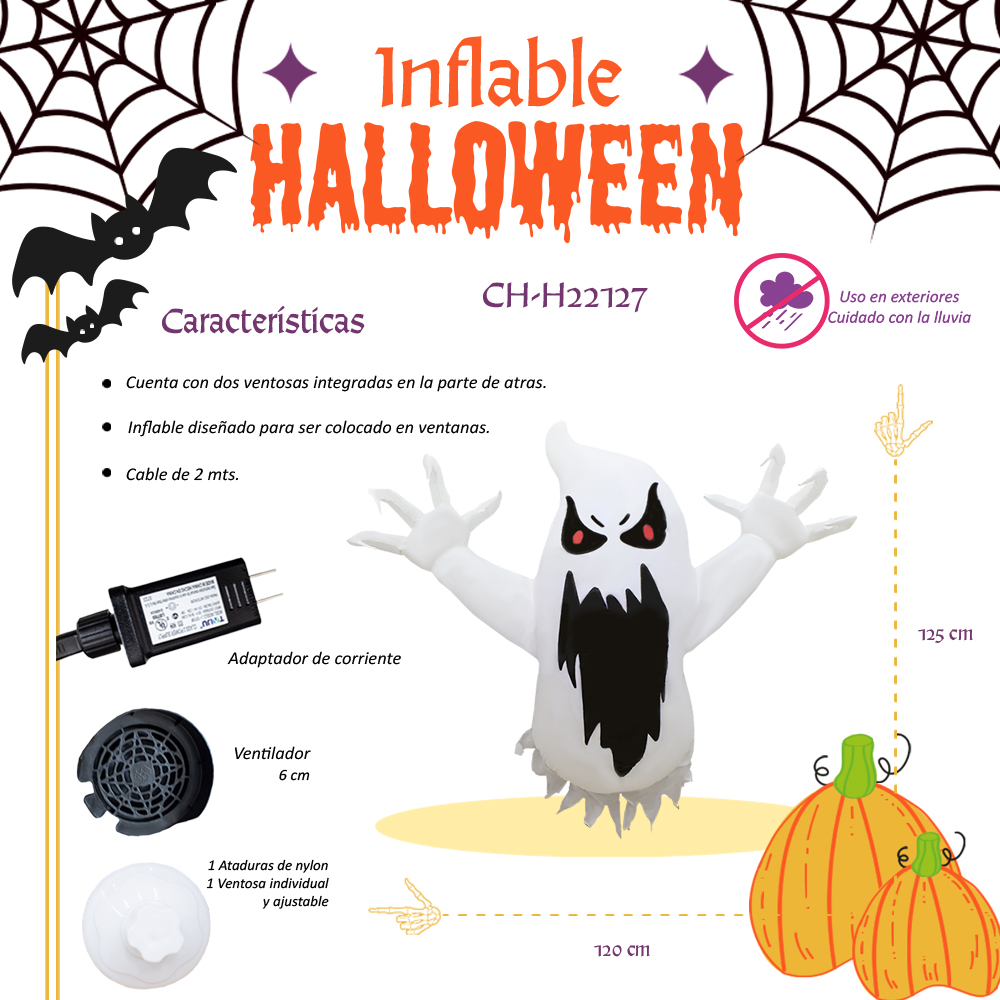 Inflable De Halloween Fantasma 1.2mts Con Luz Decorativo Exterior