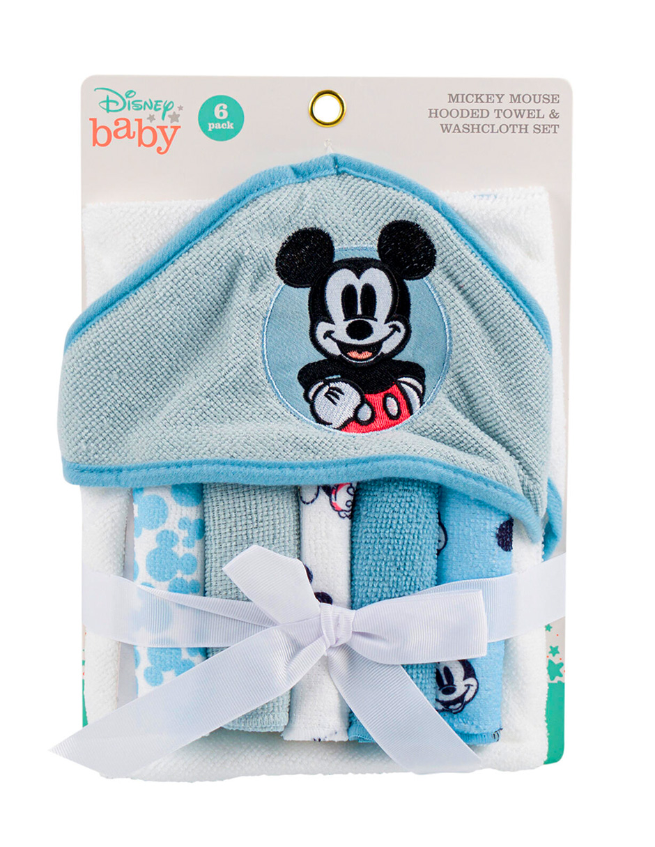 Set De Toalla De Baño Con Capucha Y 5 Toallitas Mickey Mouse Color Azul Claro