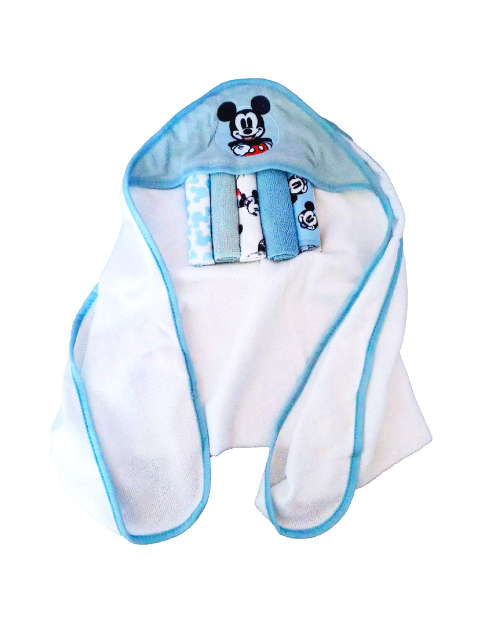 Set De Toalla De Baño Con Capucha Y 5 Toallitas Mickey Mouse Color Azul Claro