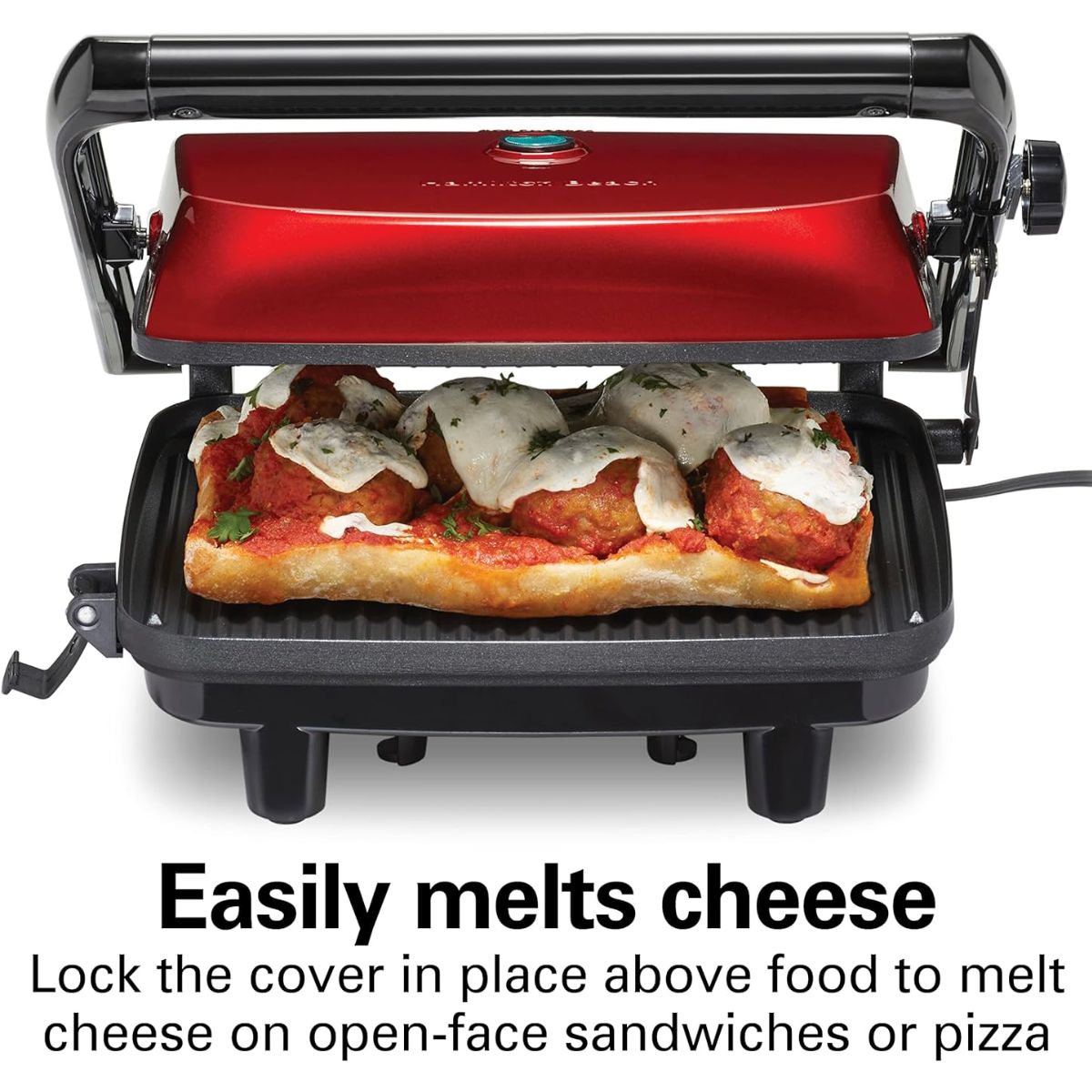 Hamilton Beach Sandwichera, Prensa para Panini, para Cualquier Espesor de Sándwich, Parrillas Antiadherentes de 25.4 x 20.32 Centímetros, Roja (25462Z)