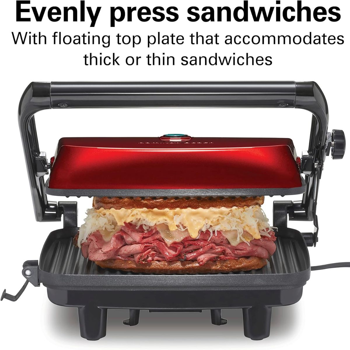 Hamilton Beach Sandwichera, Prensa para Panini, para Cualquier Espesor de Sándwich, Parrillas Antiadherentes de 25.4 x 20.32 Centímetros, Roja (25462Z)