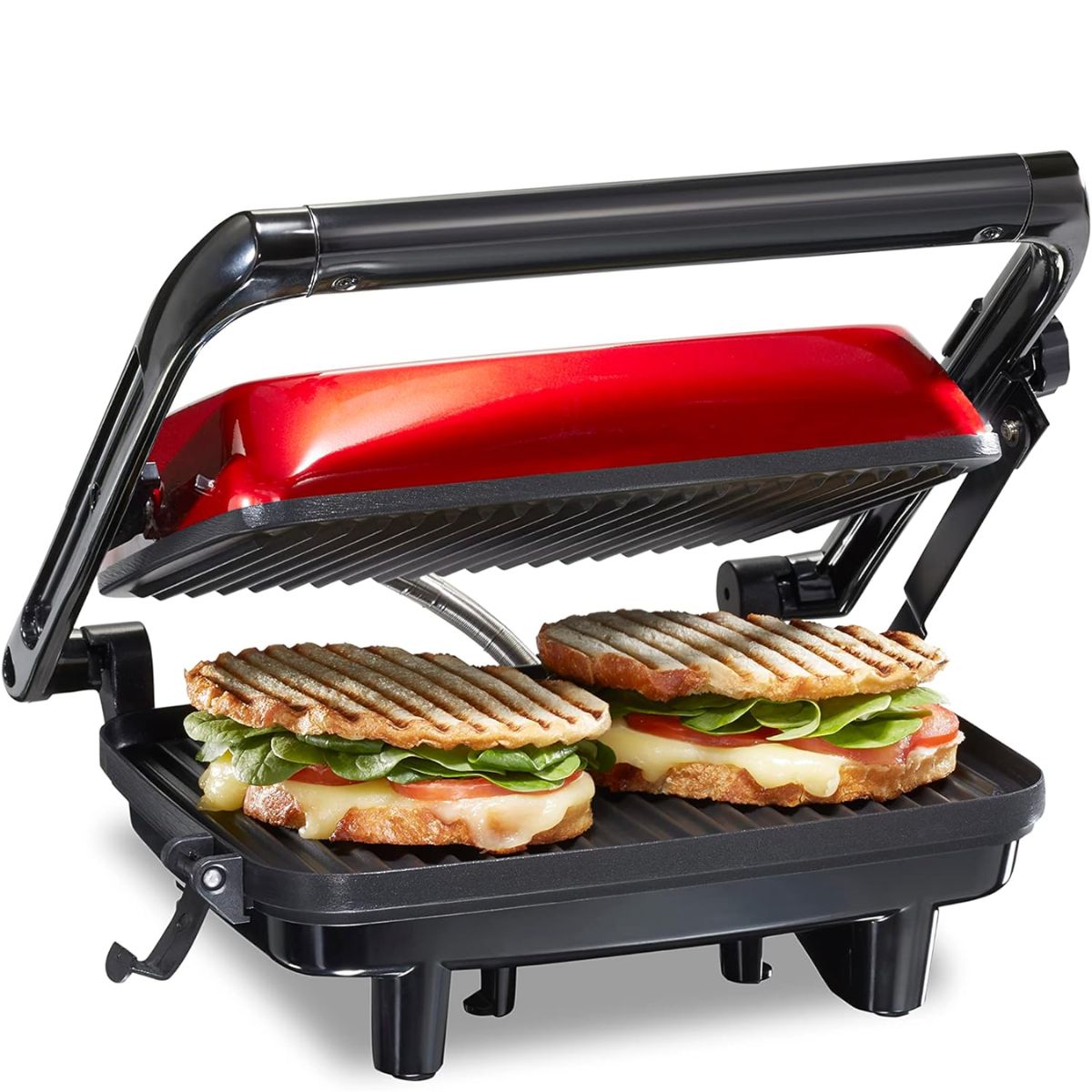 Hamilton Beach Sandwichera, Prensa para Panini, para Cualquier Espesor de Sándwich, Parrillas Antiadherentes de 25.4 x 20.32 Centímetros, Roja (25462Z)