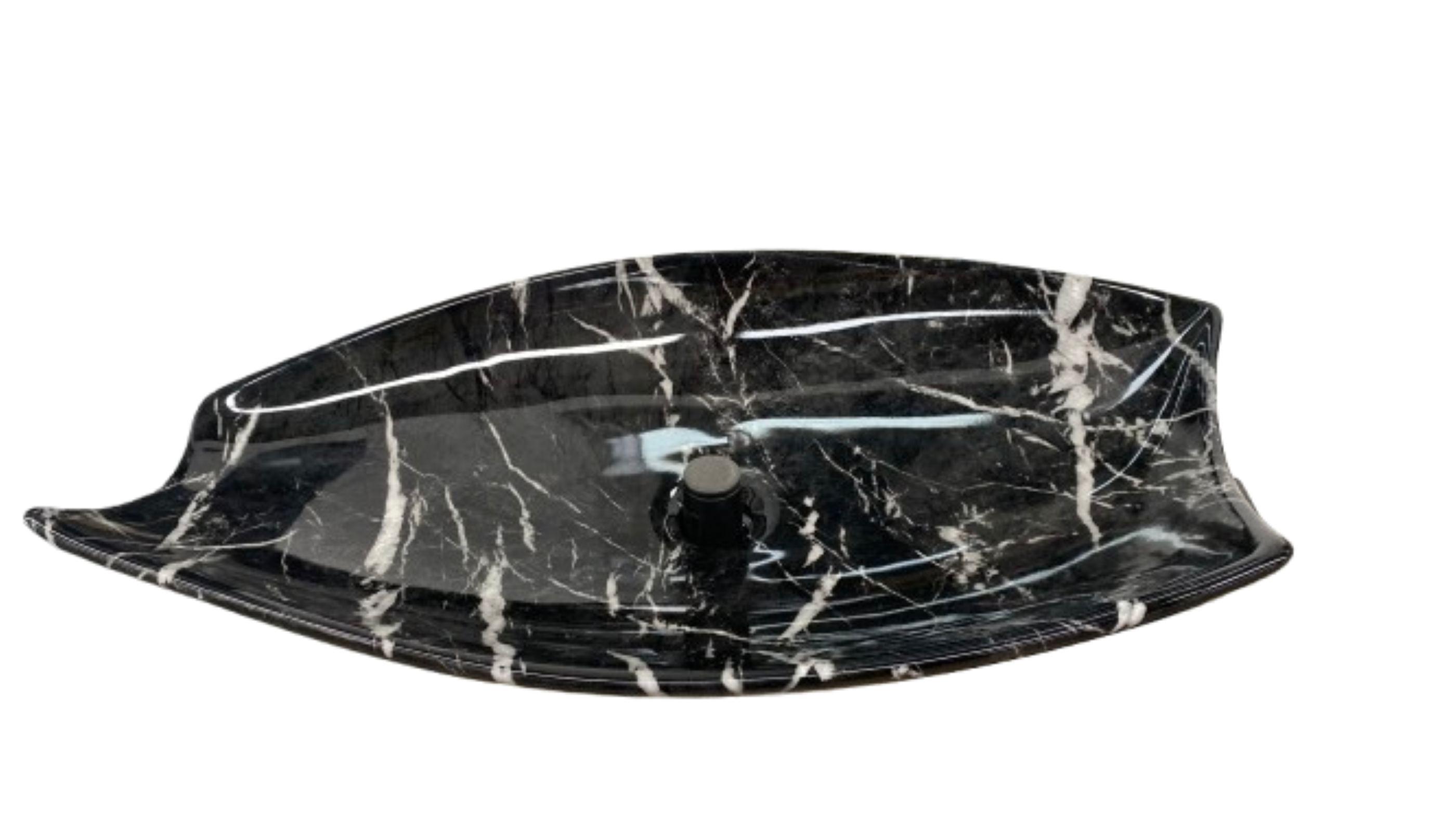 Lavabo Cerámico de Sobreponer HON, forma irregular, en color negro marquina con decorado efecto imitación mármol. De sobreponer con diseño europeo ideal para todo tipo de baños. Dimensiones 720x380x125 mm